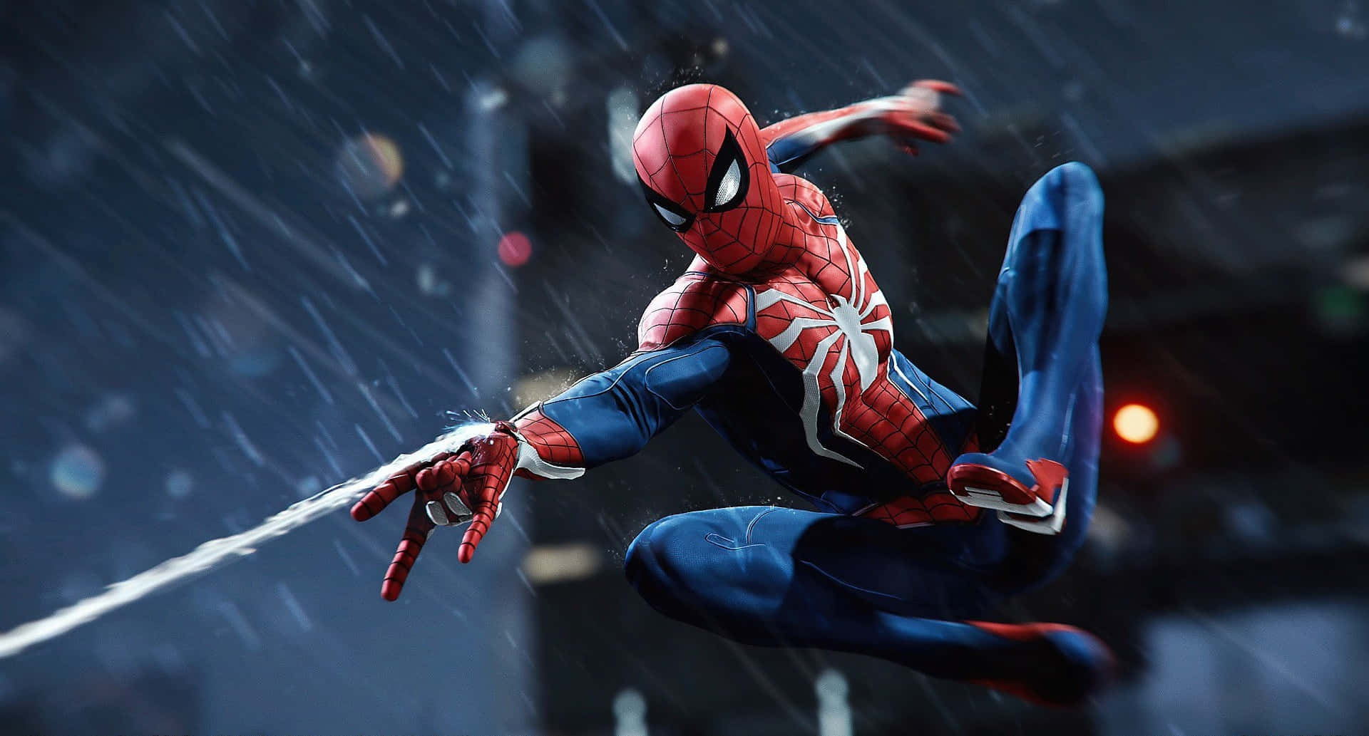 Marvel PS4 Spiderman web-skydning i regn Wallpapers