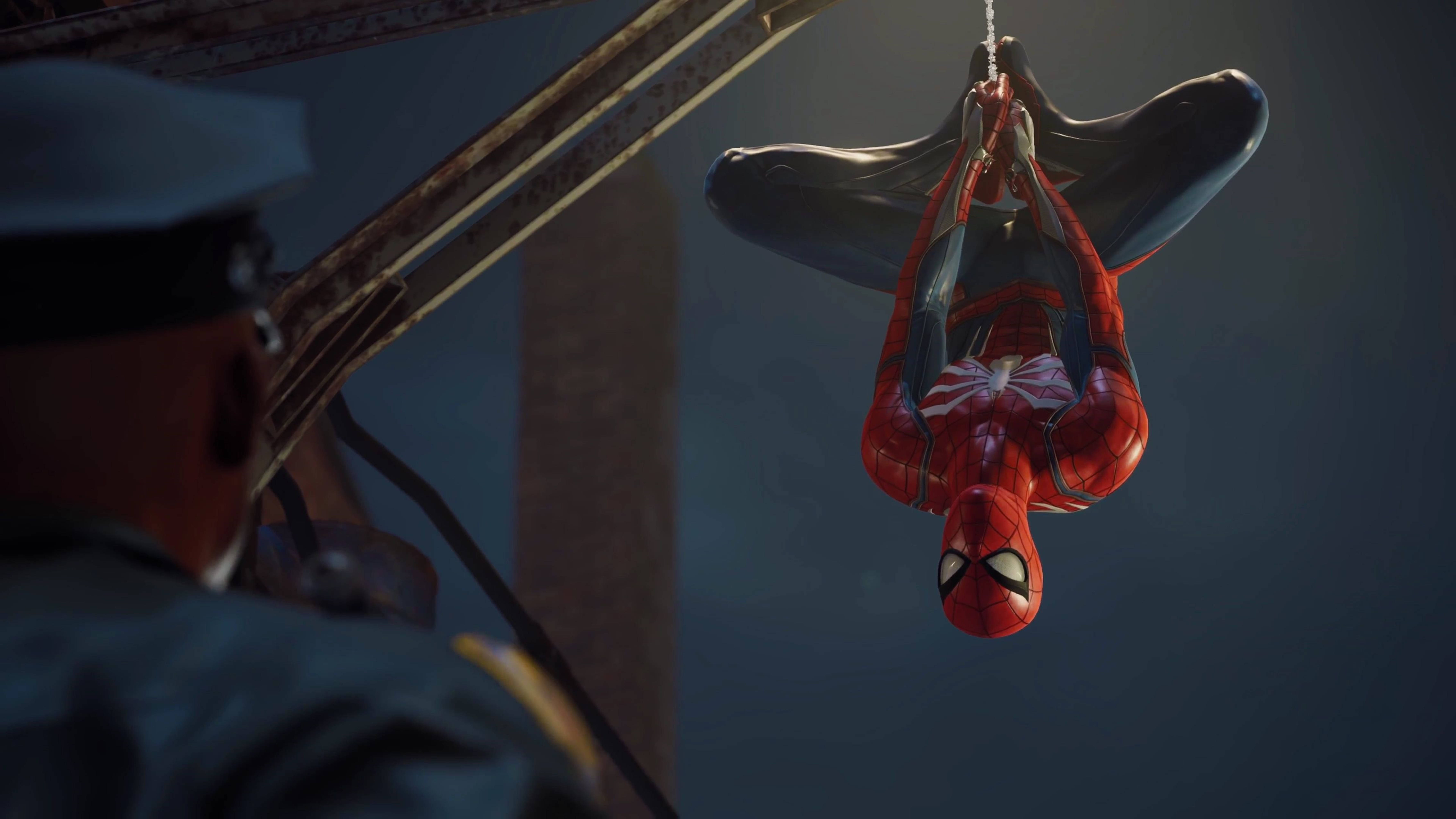 Marvel Spiderman hængende på hovedet 4K PS4 Wallpapers