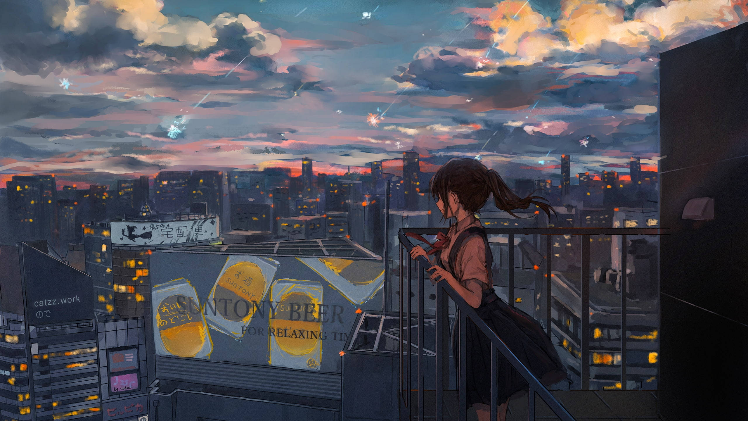 Melankolsk animepige på altan Wallpapers