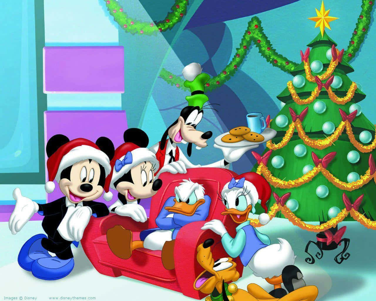 Mickey Mouse og venner omkring et juletræ Wallpapers