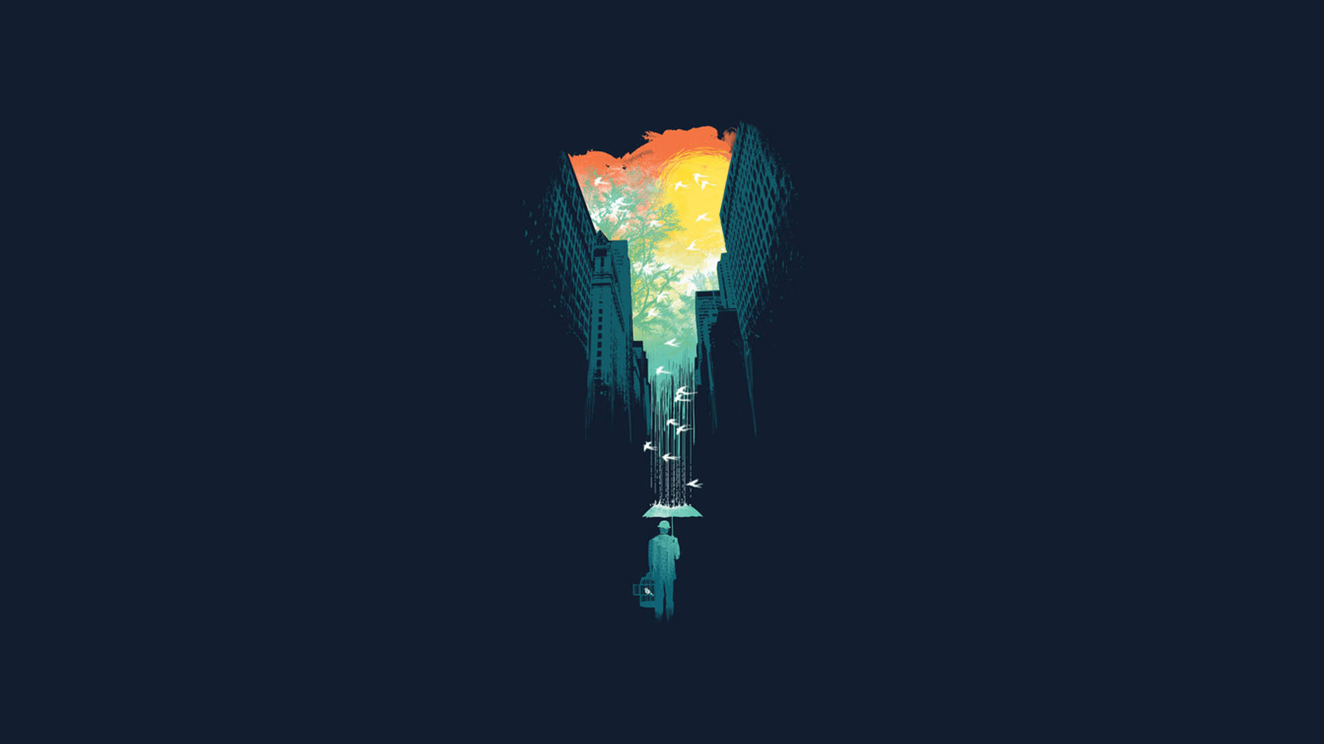Minimalistisk mand i byen med magisk paraply tapet — Minimalistisk Wallpapers