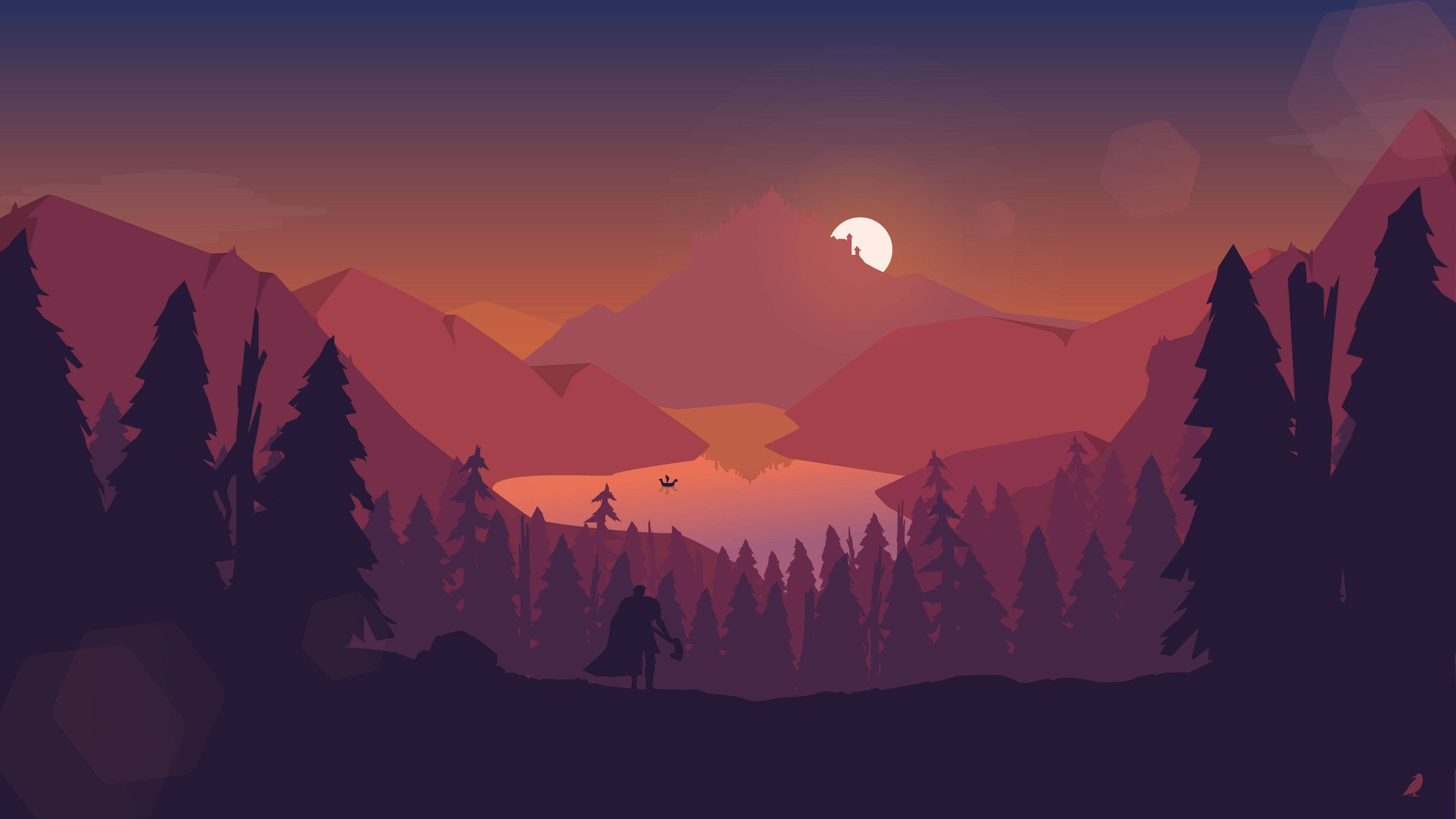 Minimalistiske røde bjerge og træer Wallpapers