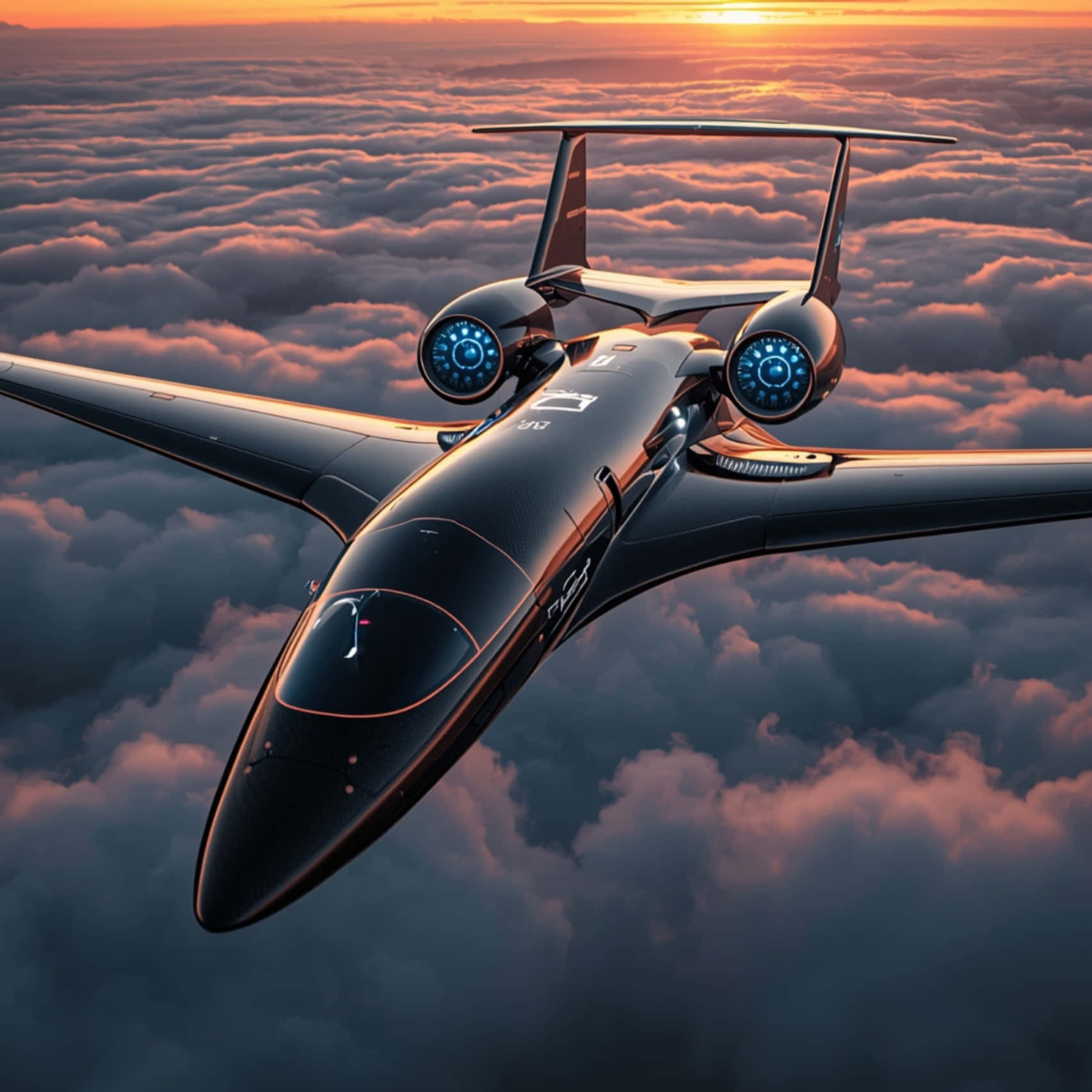 Moderne forretningsjet over skyer i gyldent lys med dramatisk himmel Wallpapers