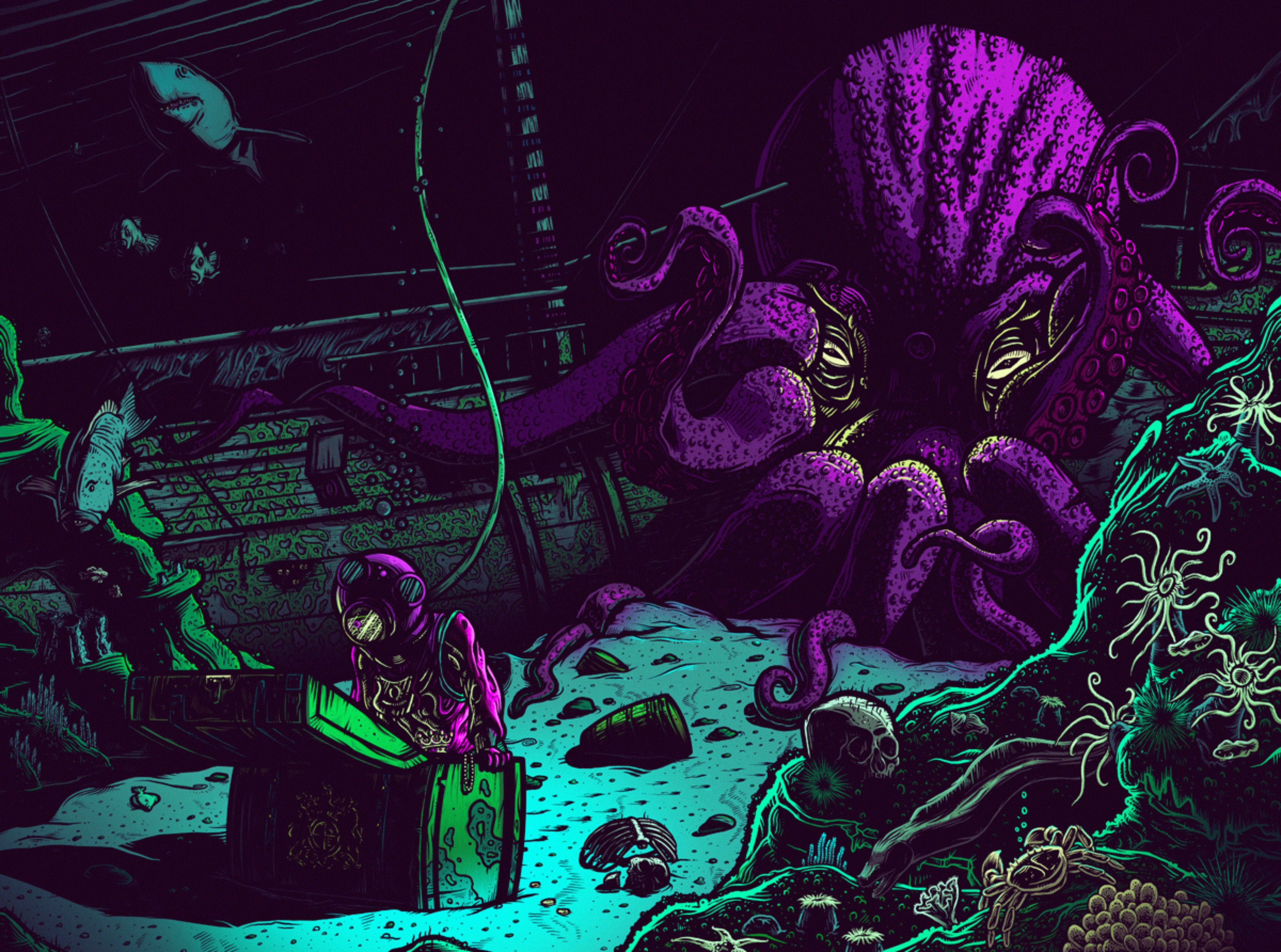 Mørk-violet blæksprutte kunst Wallpapers