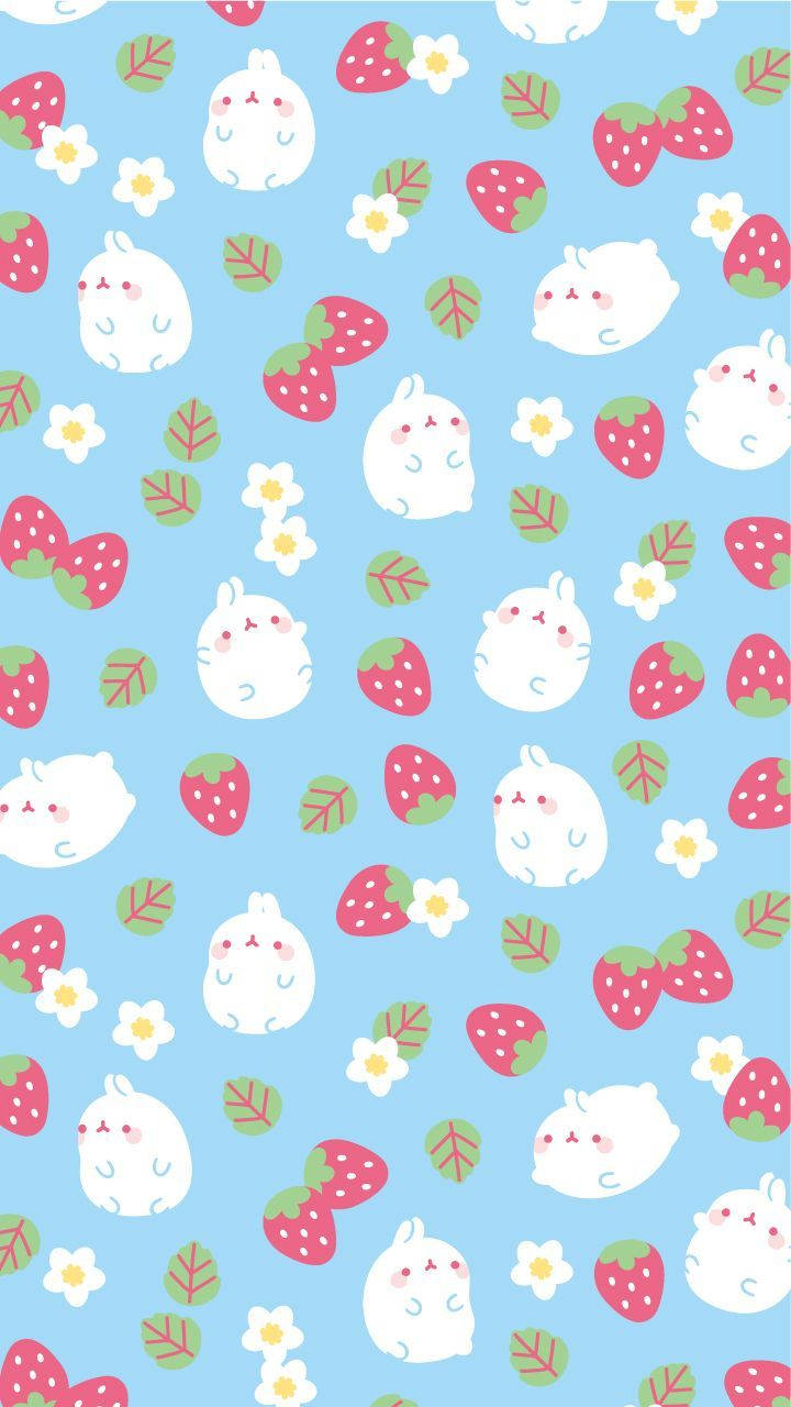 Molang nyder en kæmpe jordbær i Kawaii-stil Wallpapers