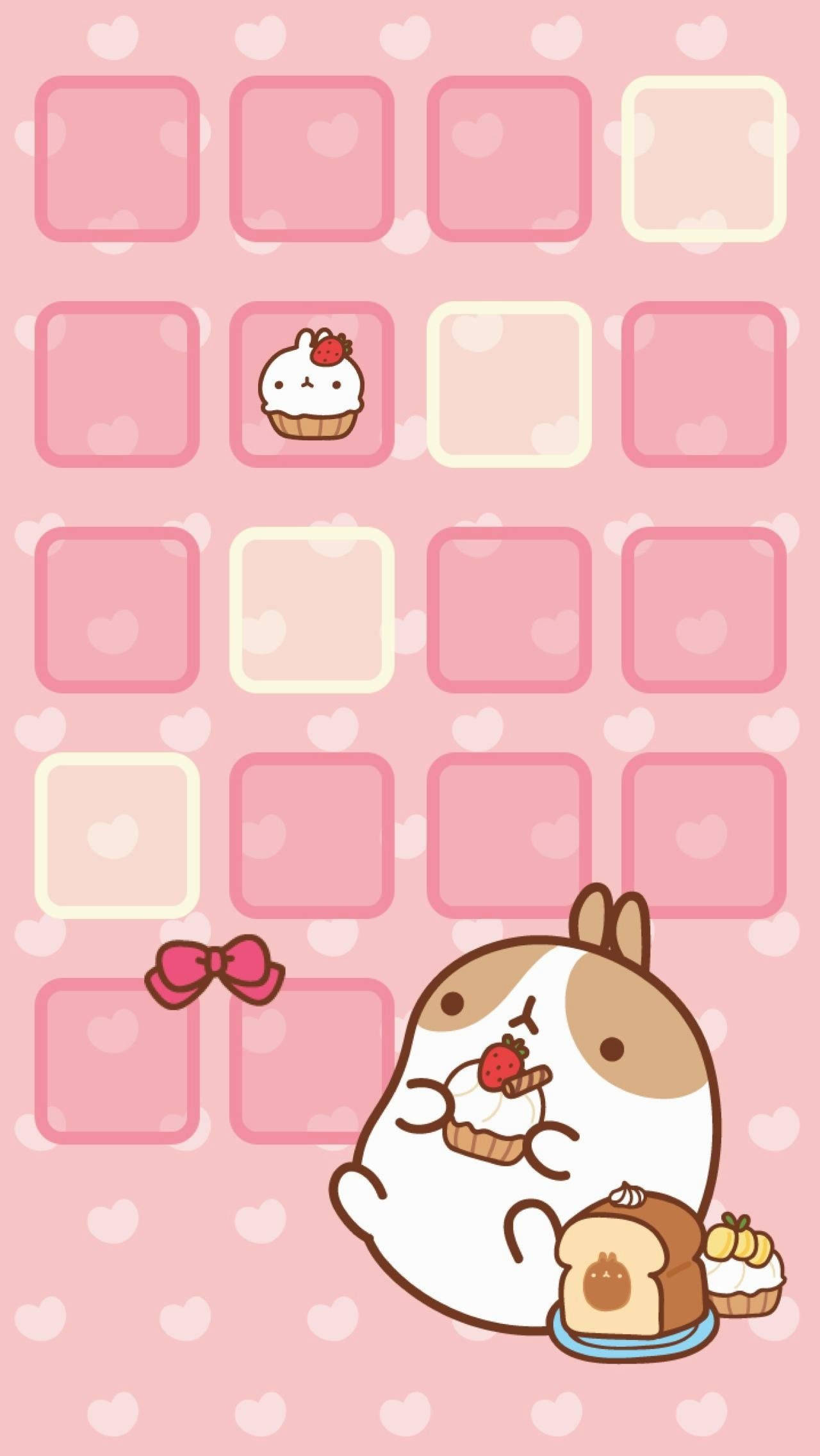 Molang spiser på en kawaii lyserød baggrund Wallpapers