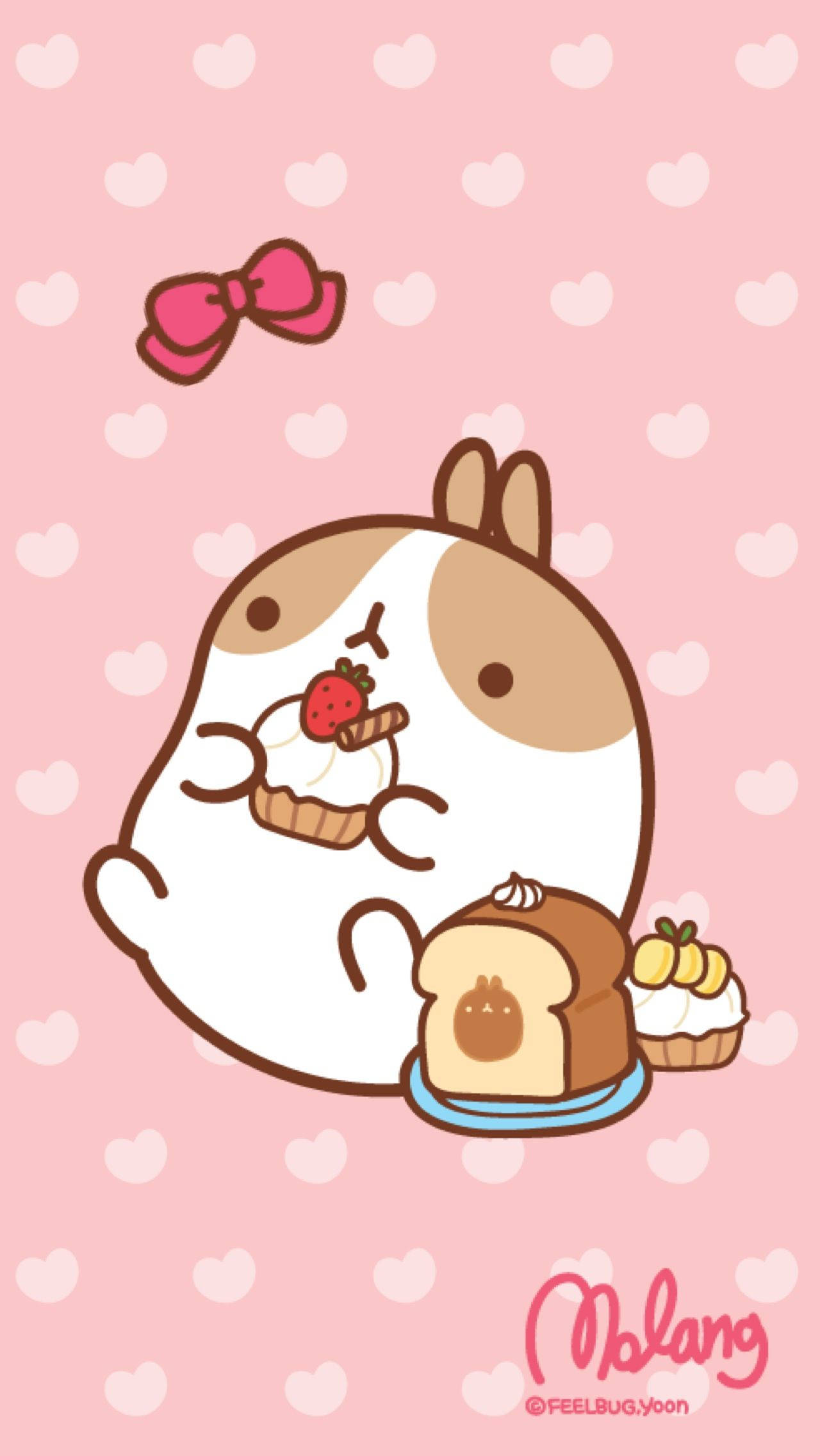 Molang spiser på kawaii lyserøde prikker Wallpapers