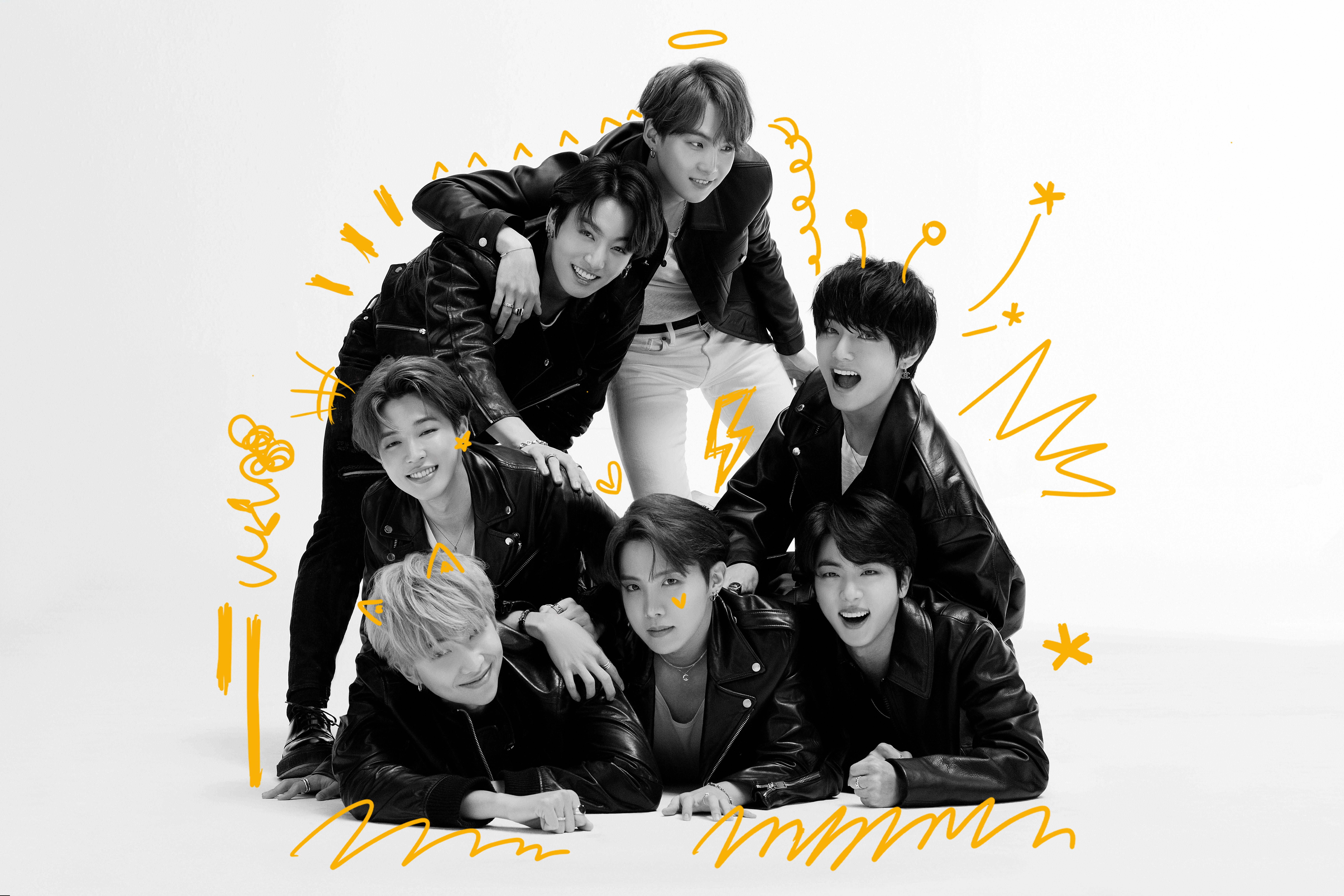 Monokromatisk BTS Dynamite gruppebillede Wallpapers