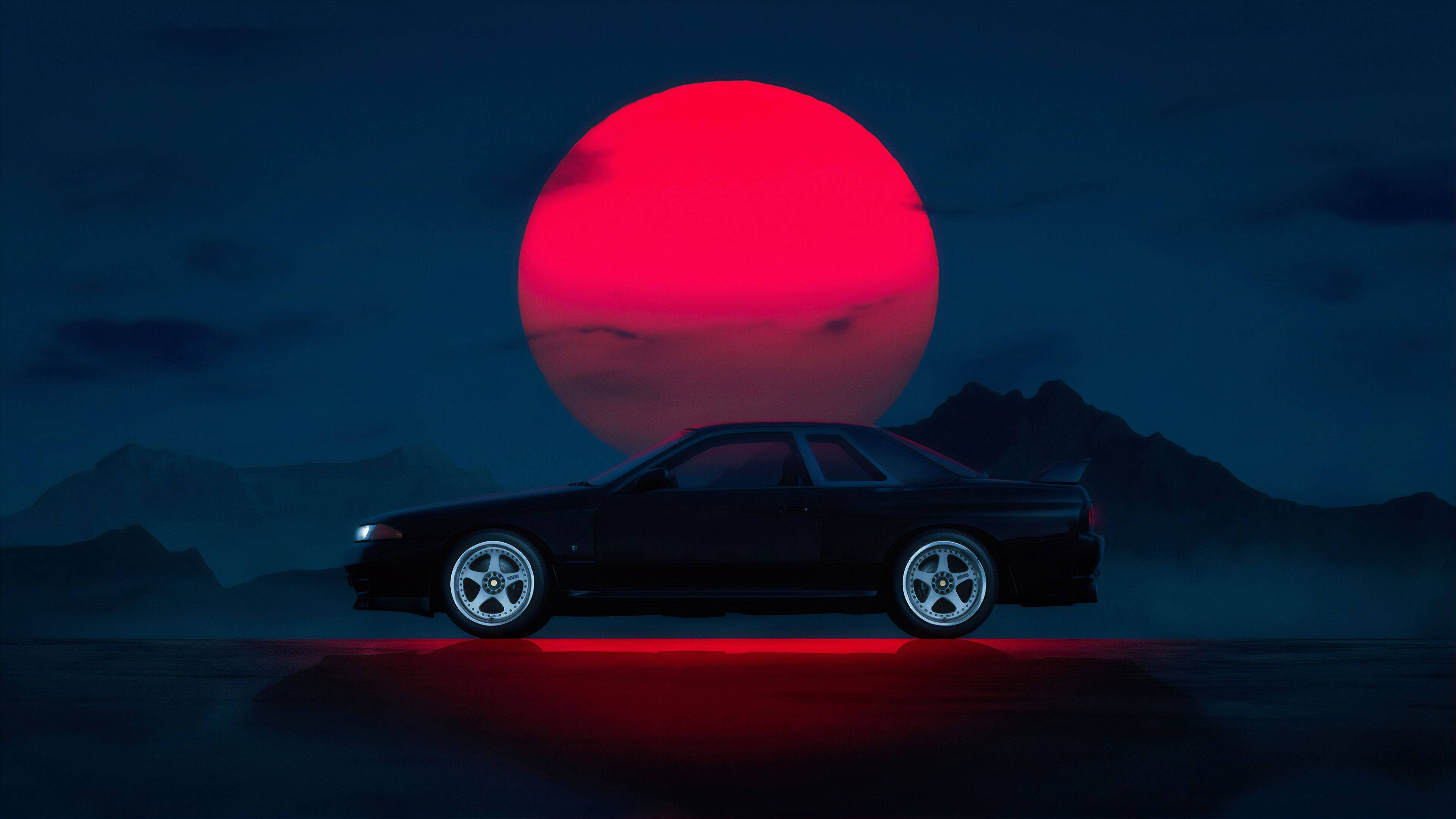 Mørk JDM-bil med rød sol Wallpapers