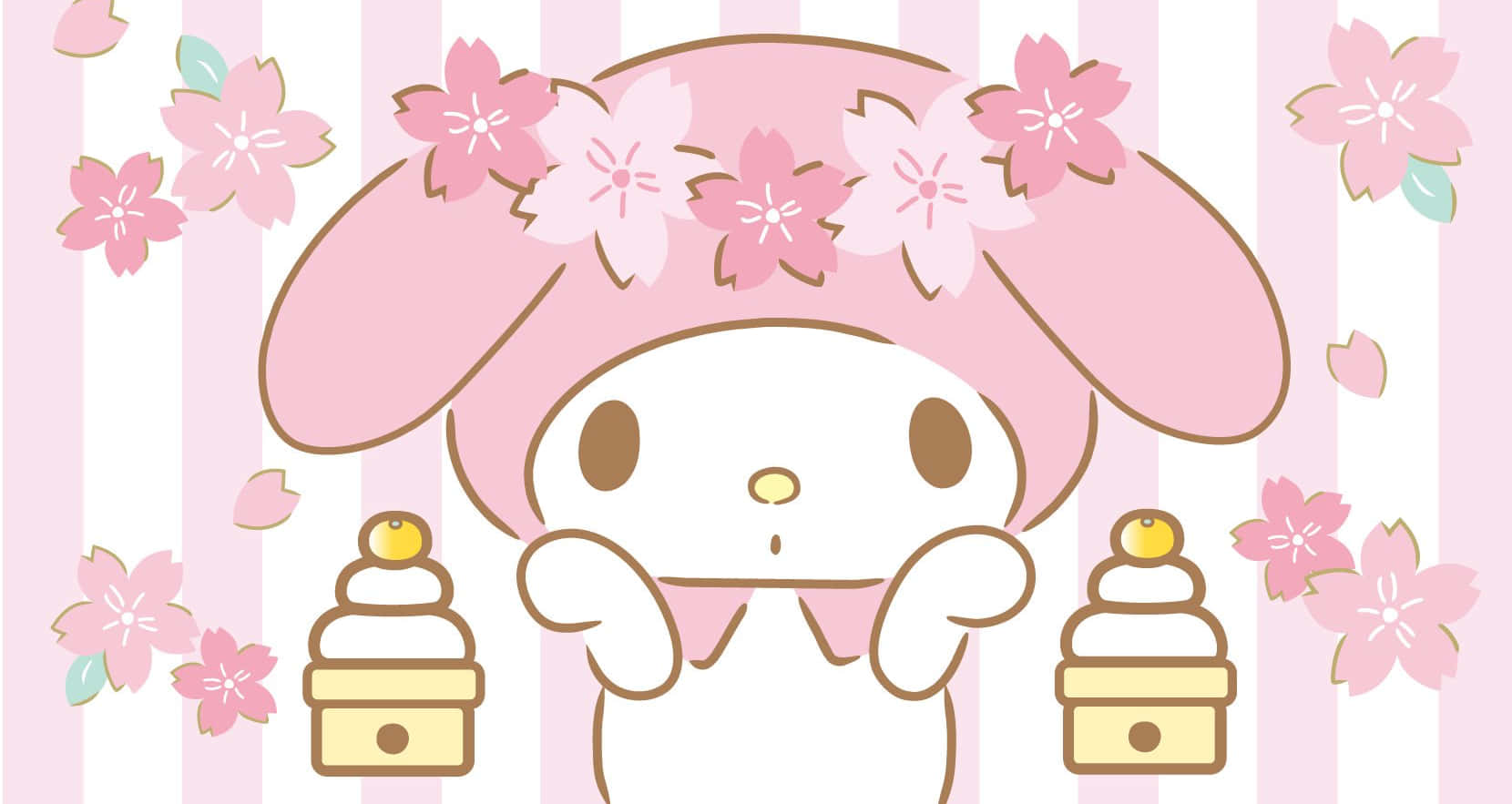 My Melody skrivebordsbaggrund med kager og lyserøde blomster Wallpapers