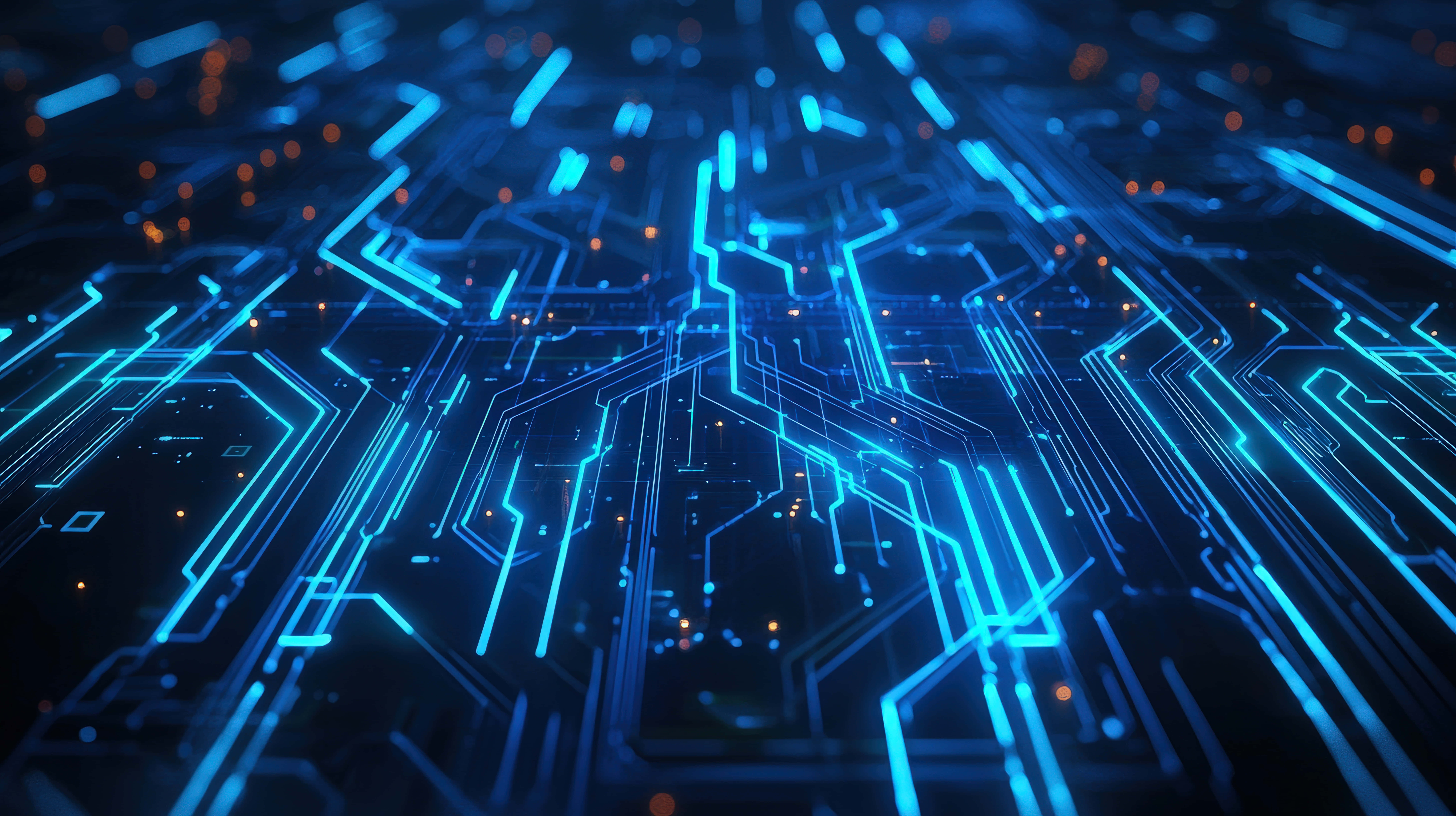 Nærbillede af et avanceret digitalt kredsløb med glødende blå linjer, der symboliserer teknologi, AI Wallpapers