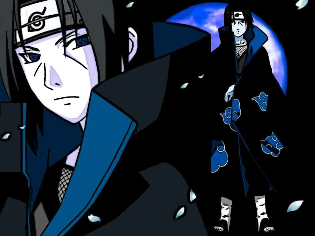 Nærbillede og stående Itachi æstetik med blå Sharingan-øjne og Akatsuki-skykåbe Wallpapers