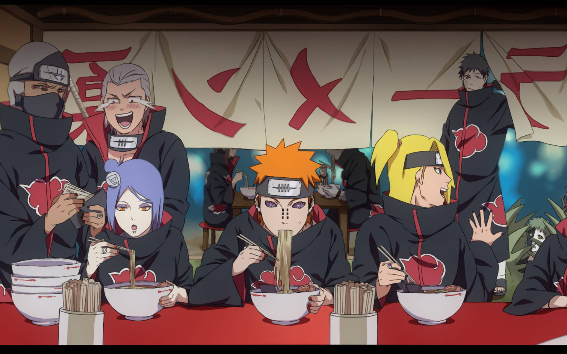 Naruto-karakterer fra Akatsuki i ramenhus Wallpapers