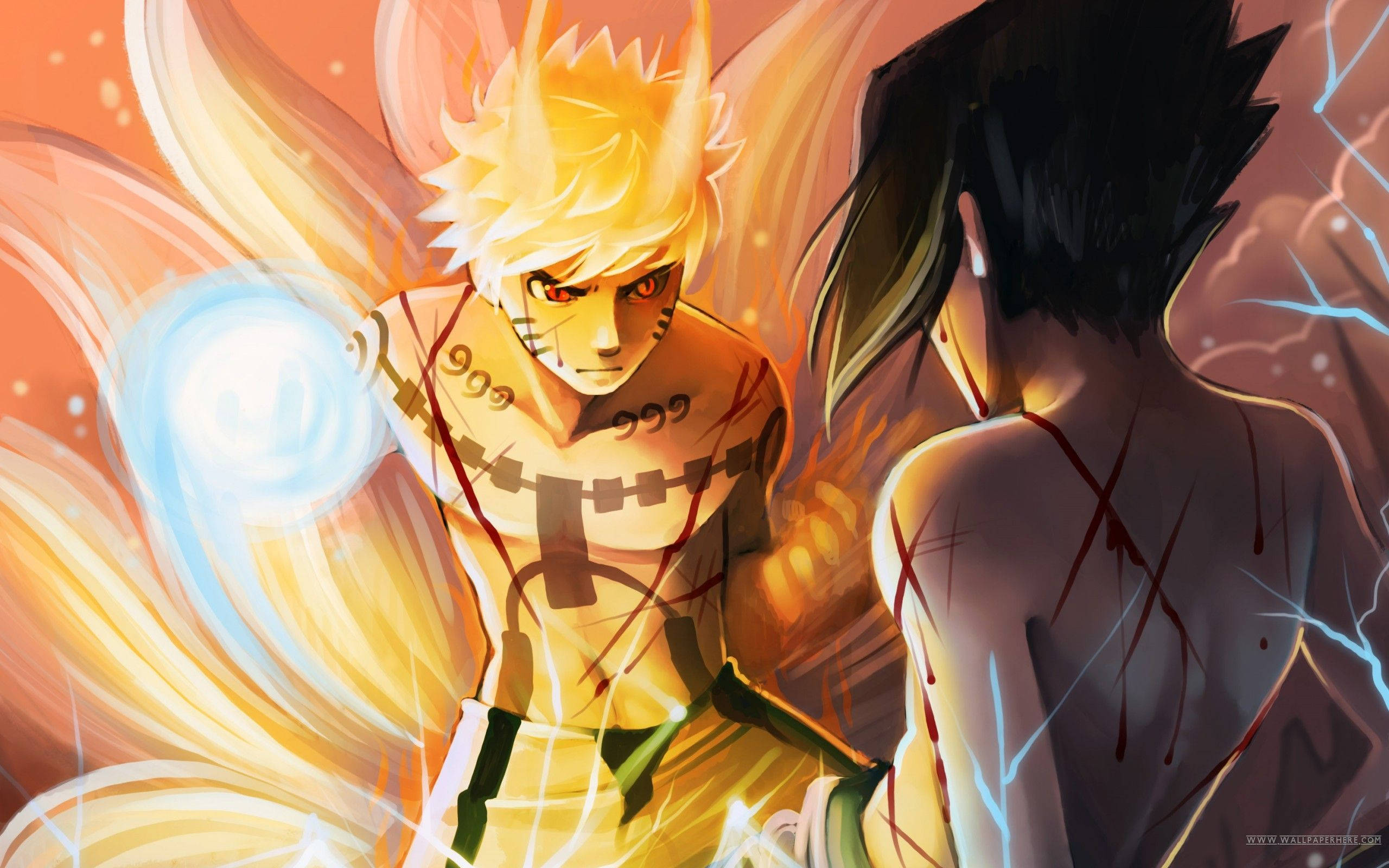 Naruto med ni haler og Sasuke i kamp Wallpapers