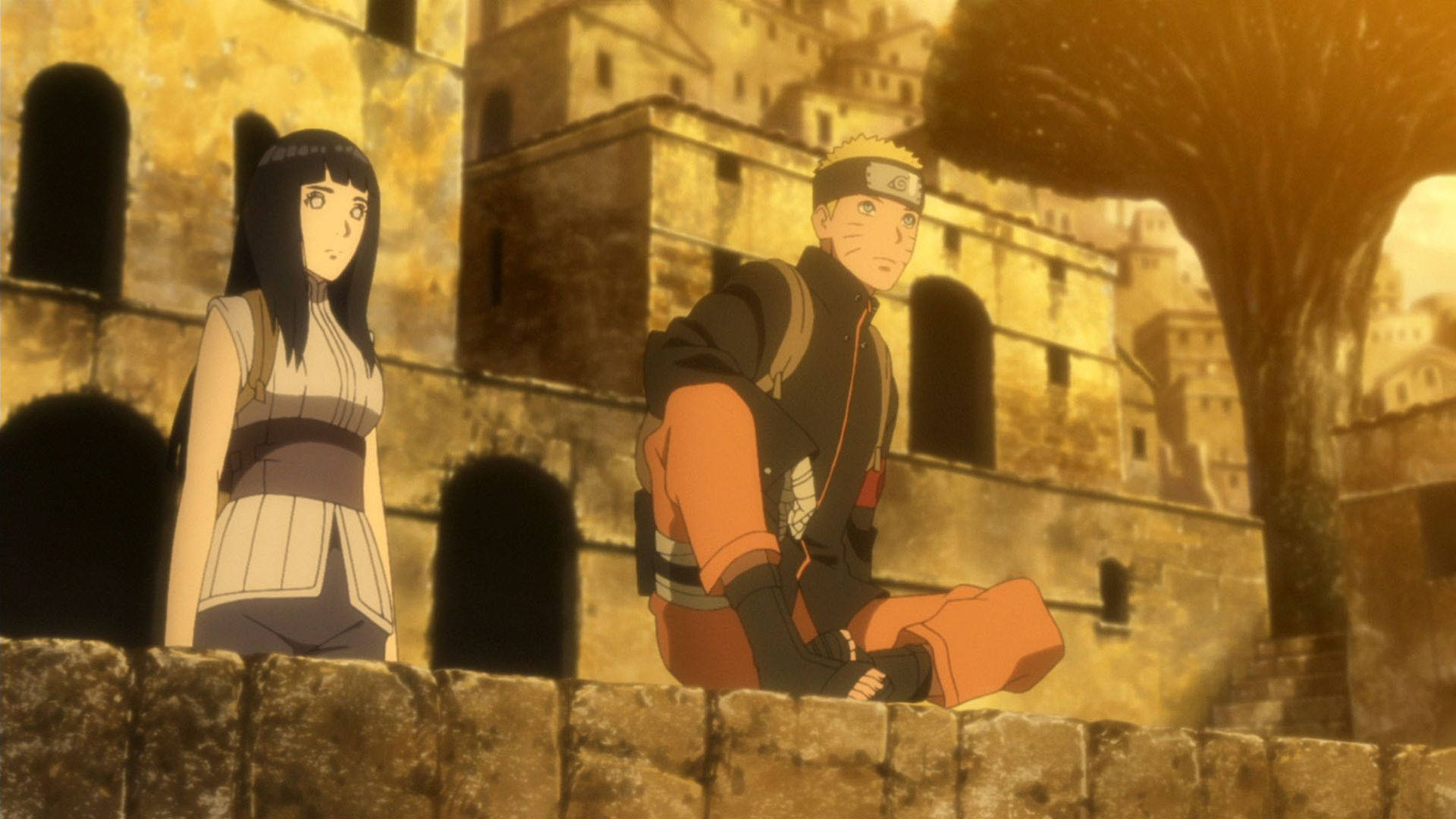 Naruto og Hinata på en stenkonstruktion Wallpapers