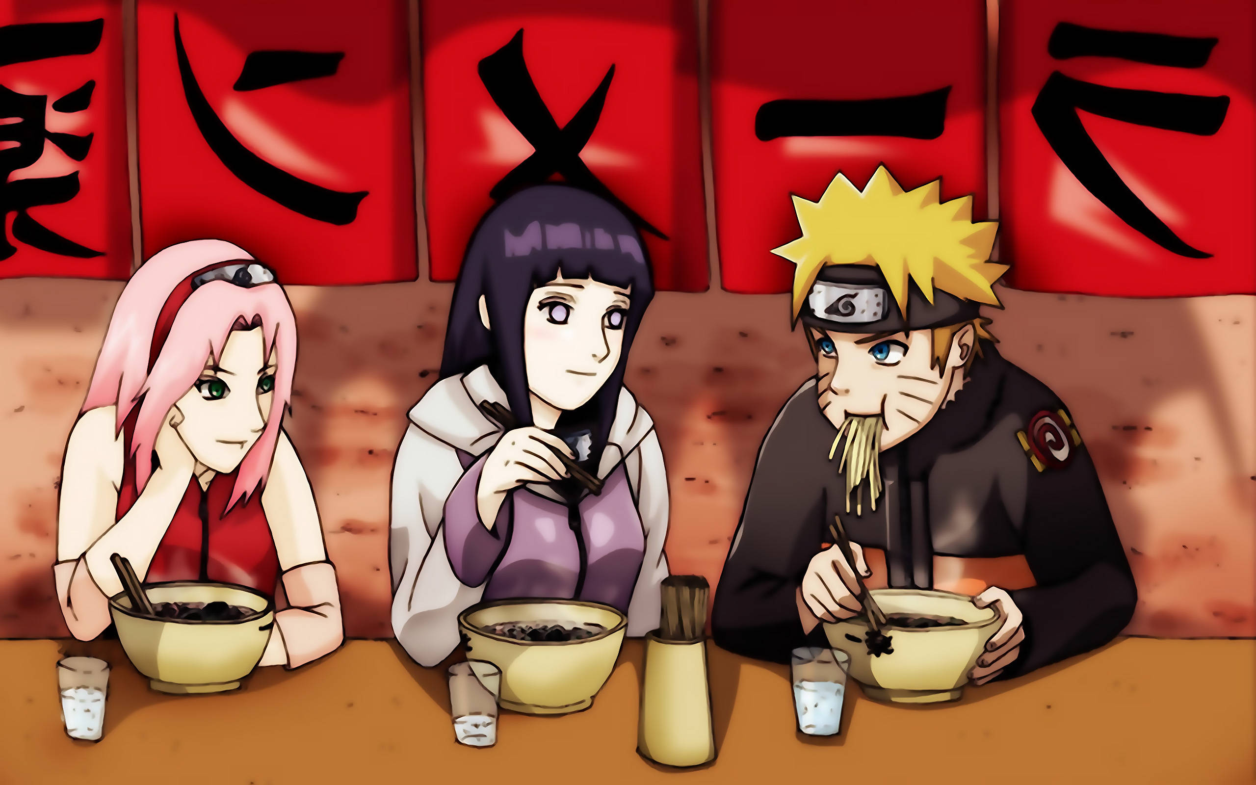 Naruto og Hinata med Sakura, der spiser ramen Wallpapers