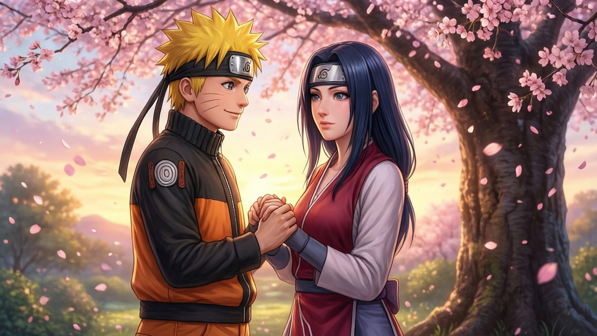 Naruto og Hinata under kirsebærblomster Wallpapers