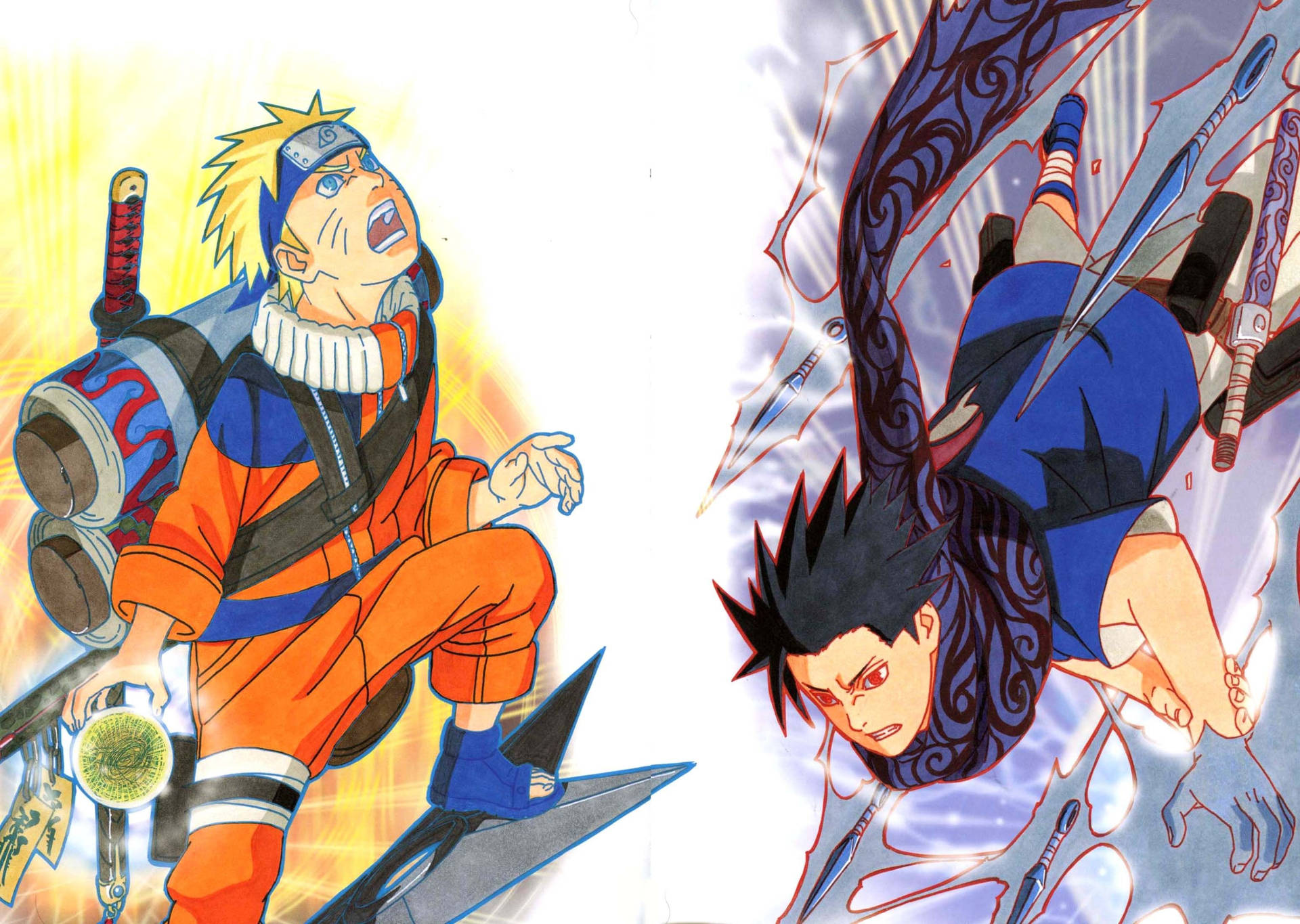 Naruto og Sasuke chakra-træning med shuriken og kunai. — Naruto Wallpapers