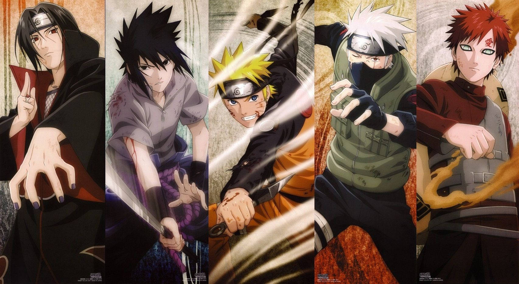 Sasuke, Naruto, Kakashi og Gaara viser deres kræfter eller chakra. — Naruto Wallpapers