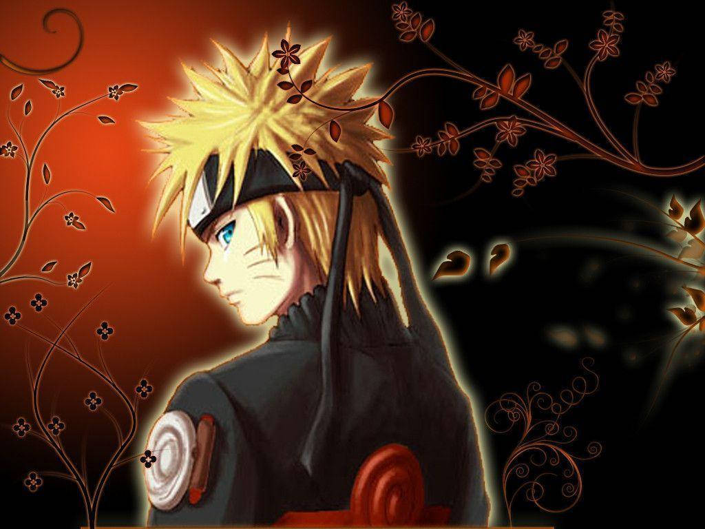 Naruto Uzumaki iført sin Konoha-uniform på rød og sort baggrund med slyngplanter og blomster. — Naruto Wallpapers