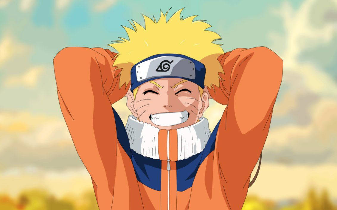 Smilende Naruto Uzumaki i sin ninja-uniform med sit pandebånd med Bladbyens symbol. — Naruto Wallpapers