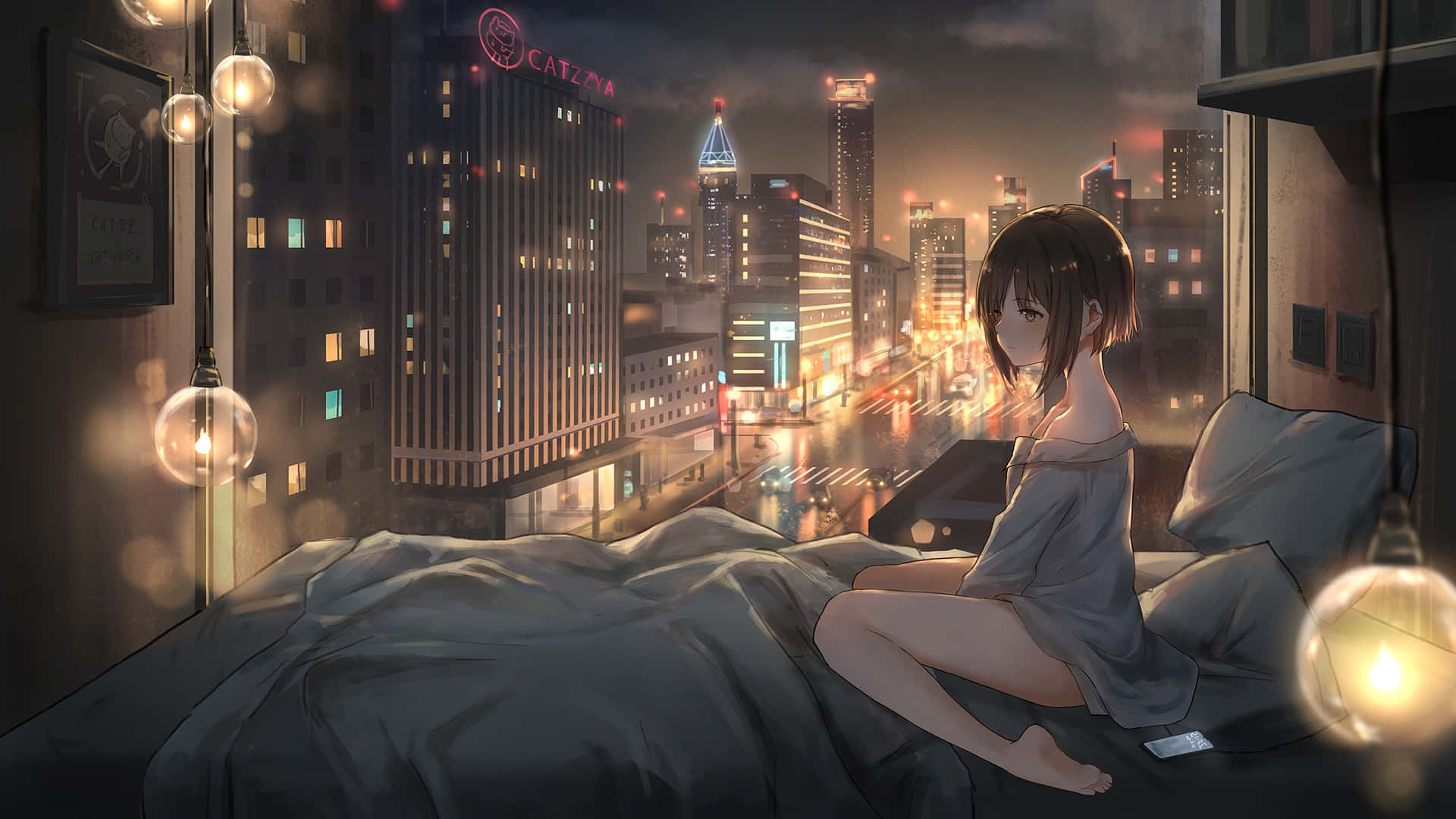 Natlandskab af animeby med skyskrabere Wallpapers