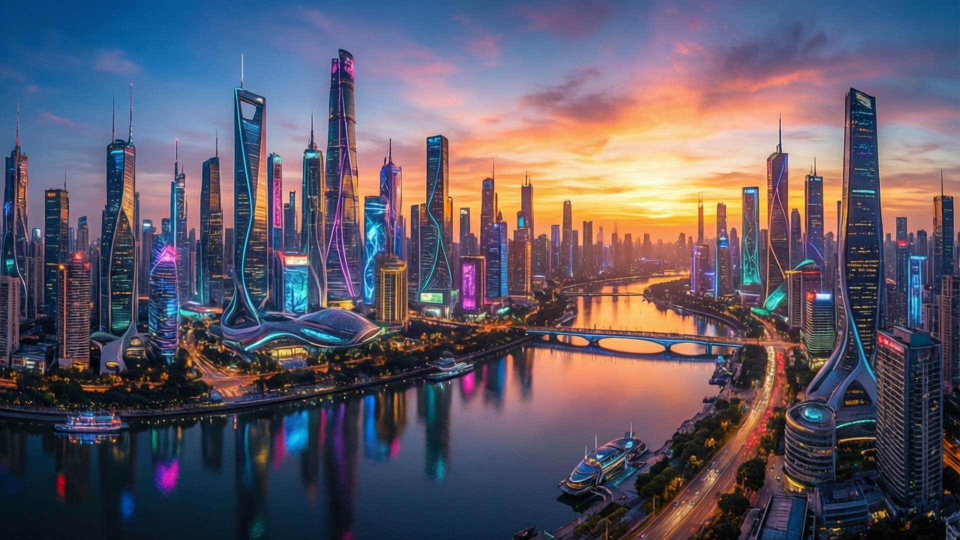 Neon futuristisk bybillede Wallpapers