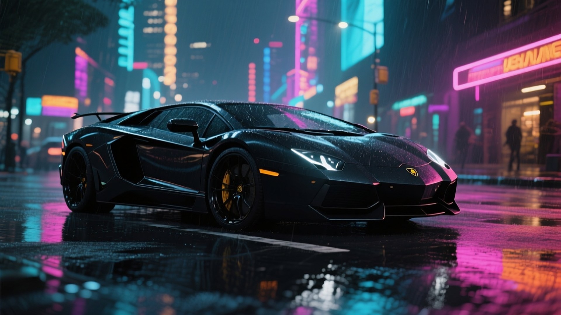 Sort Lamborghini Aventador i neonlyst bynat