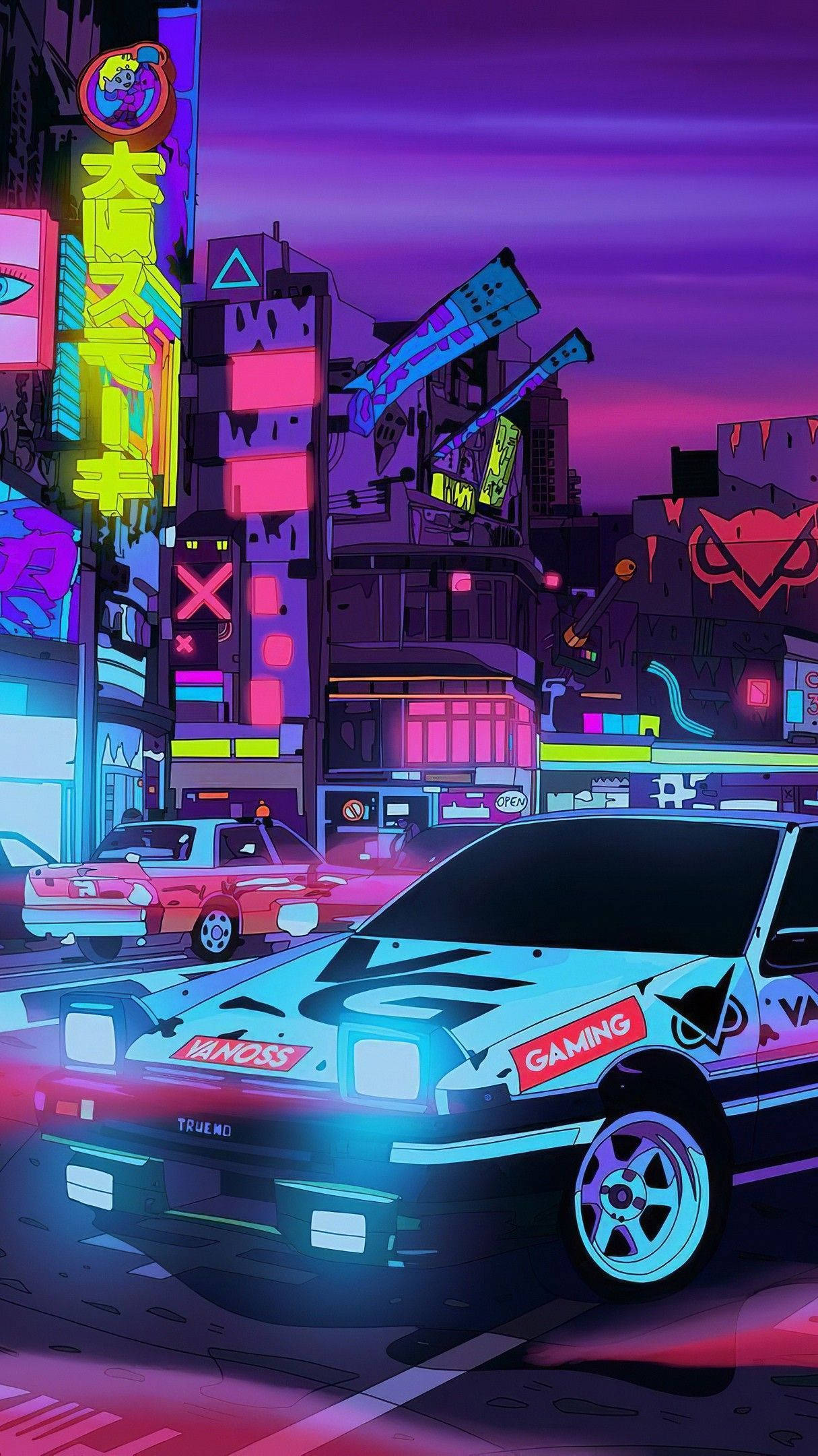 Neonæstetisk JDM-bil der fremviser pulserende natteliv Wallpapers