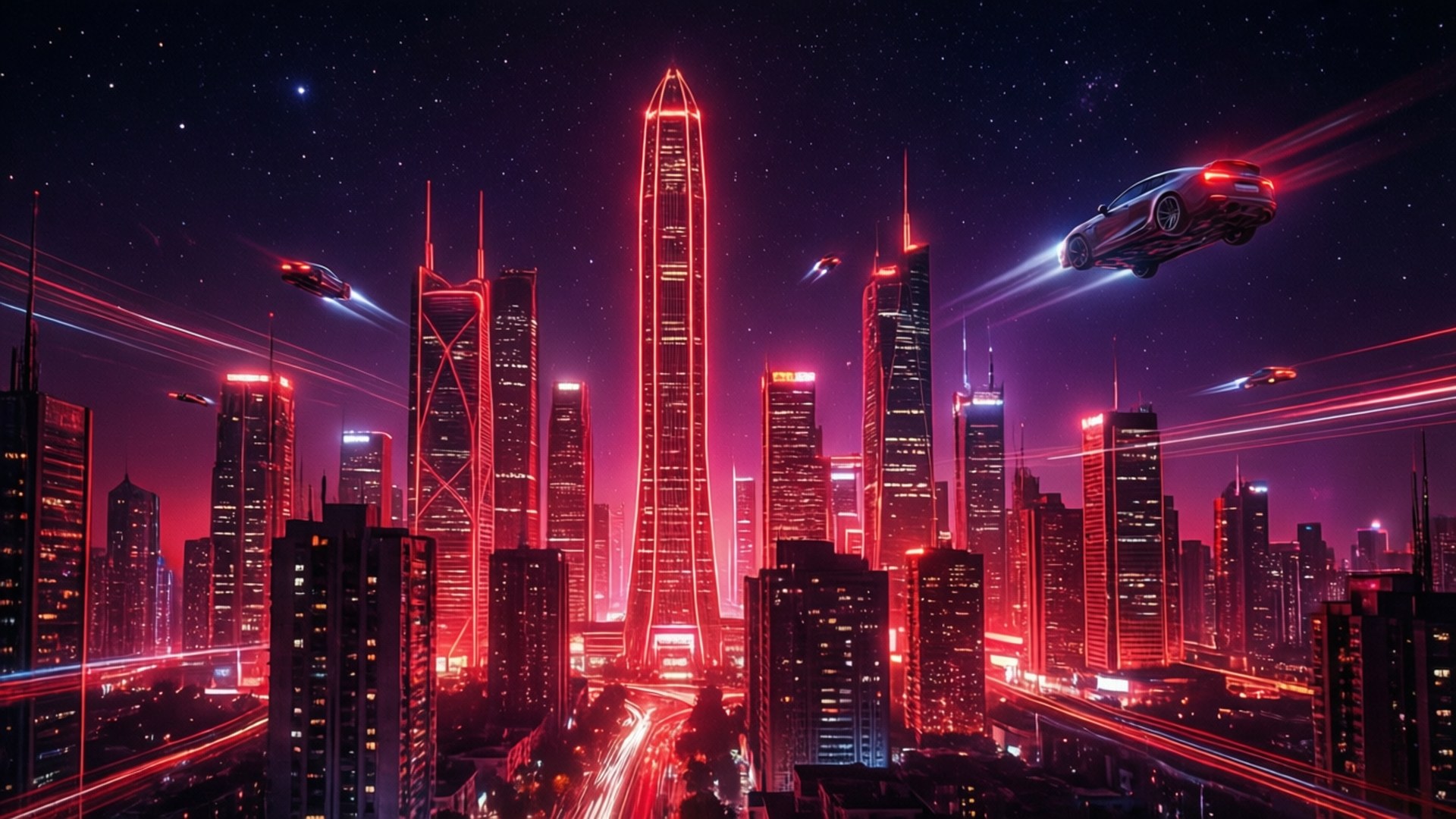 Neonrød cyberpunk-skyline Wallpapers