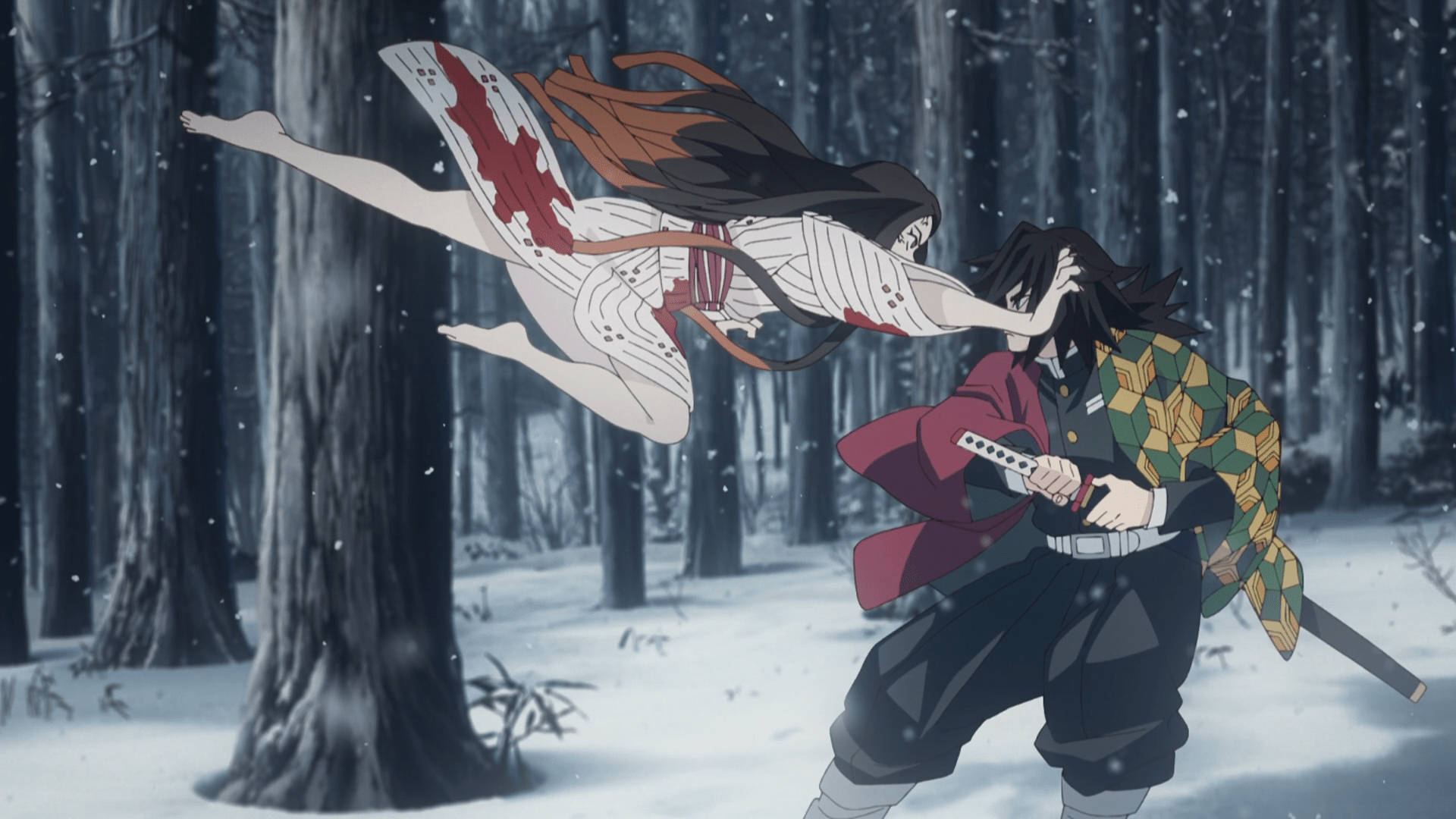 Nezuko angriber Giyu for familiens ære Wallpapers