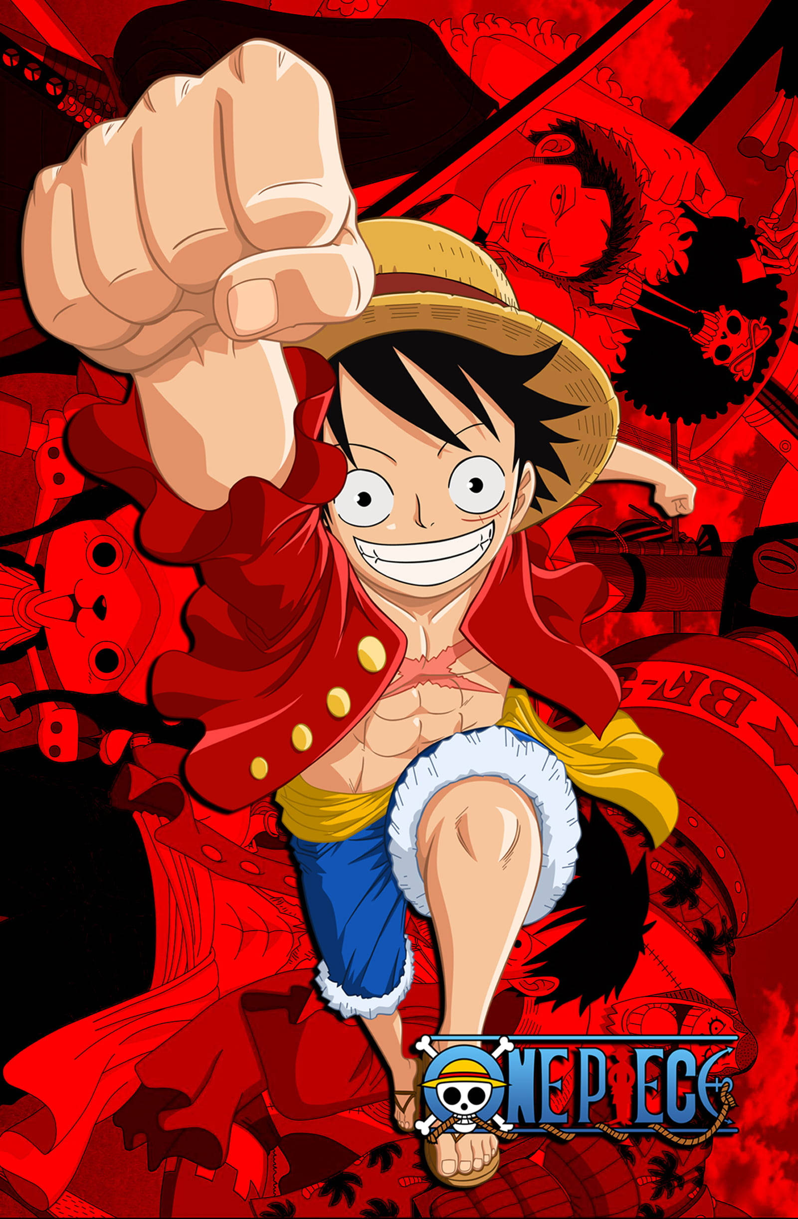 One Piece Luffy PFP Rød Plakat Med Pirater Wallpapers