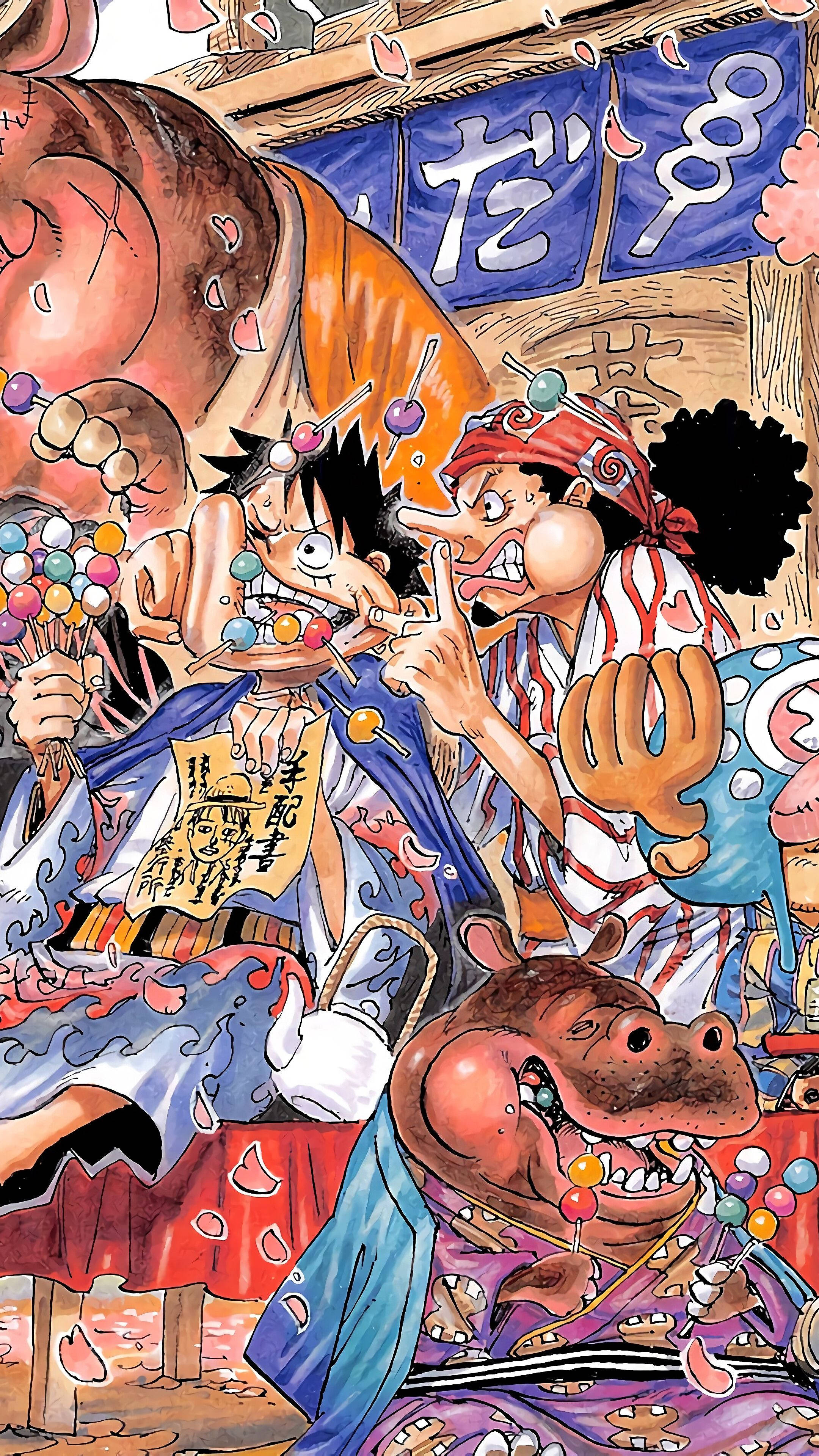 One Piece Telefon Luffy og Usopp spiser Dango Wallpapers
