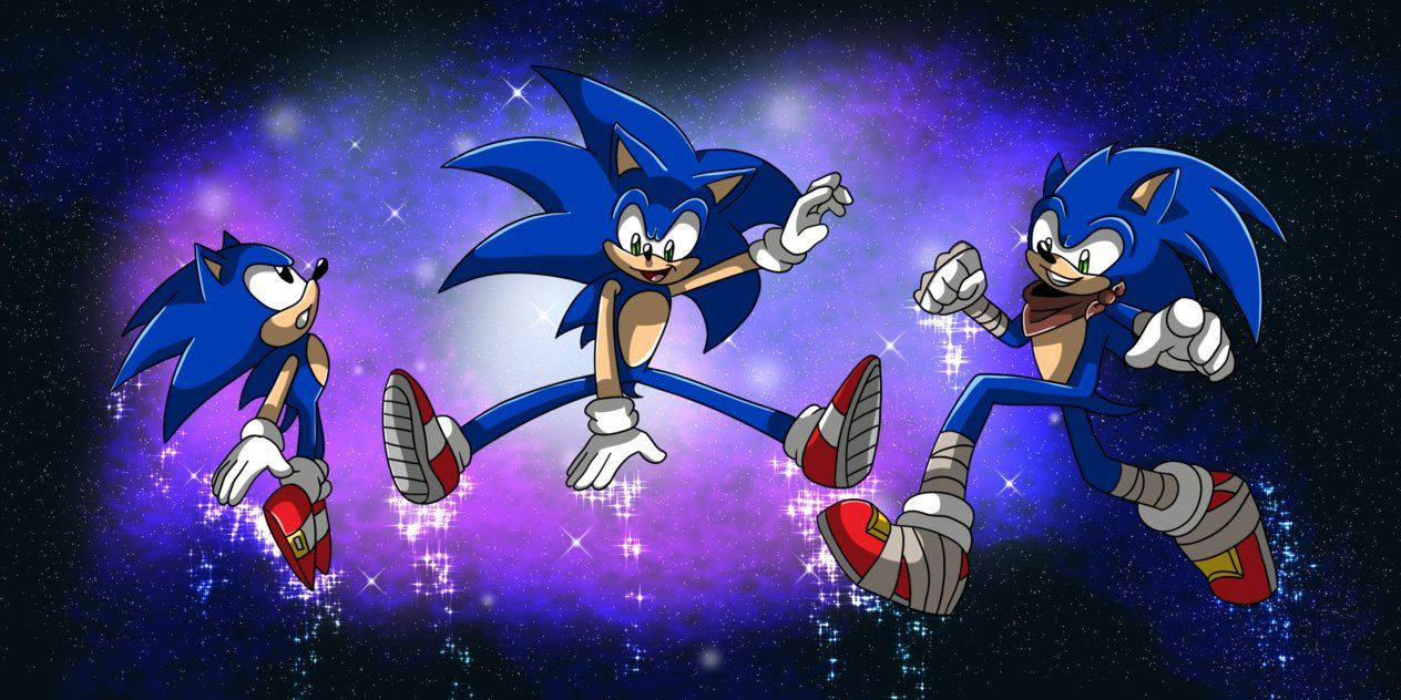 Wallpaper af Sonic vist i tre dynamiske akter. — Sonic Wallpapers