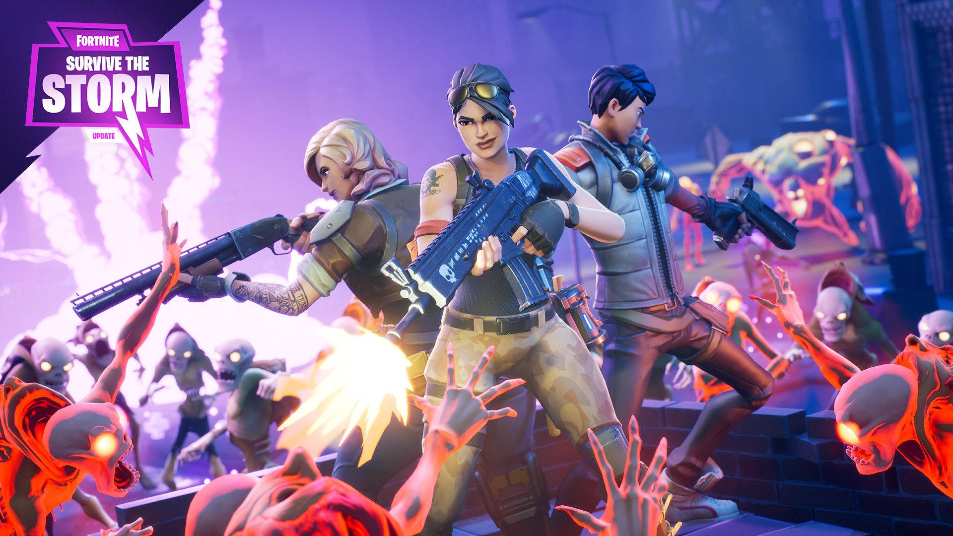 To kvinder og en fyr kæmper mod monstre fra Fortnite Survive The Storm i HD. — Fortnite Wallpapers