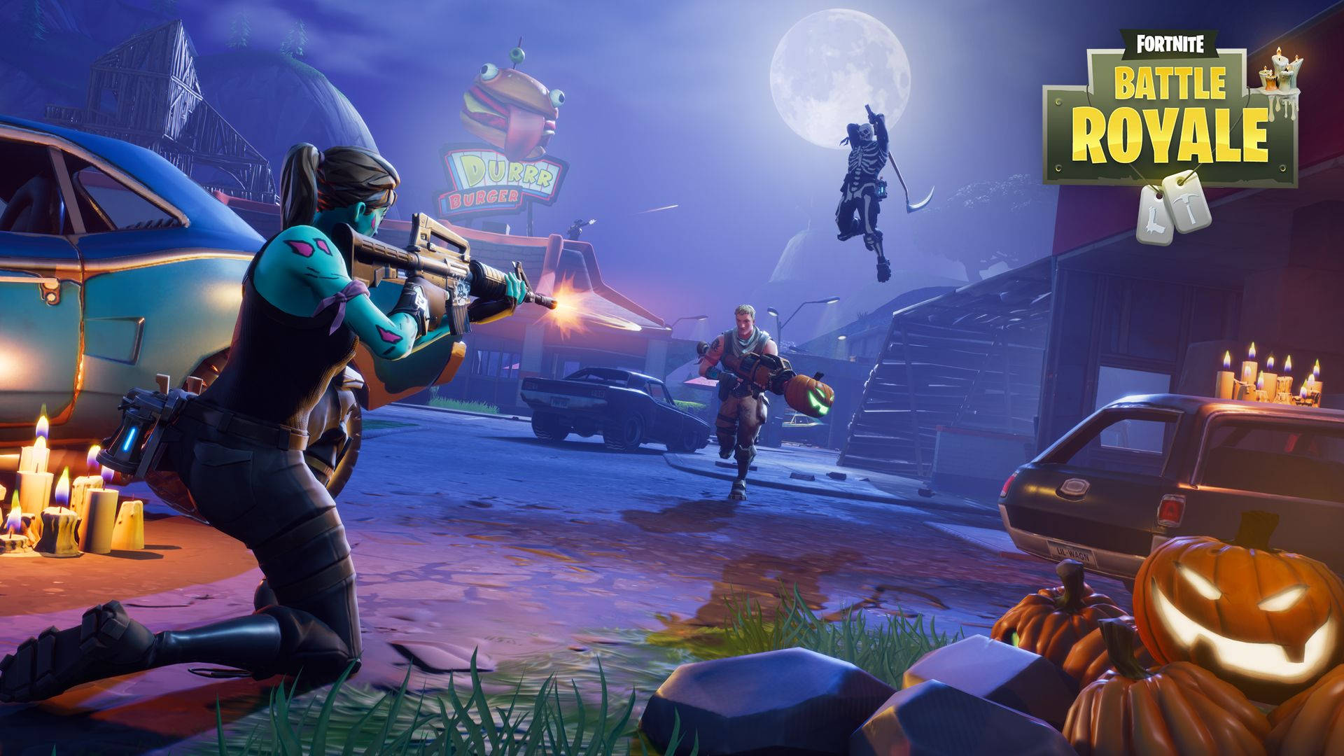 En kamp om natten mellem tre karakterer i Fortnite wallpaper. — Fortnite Wallpapers