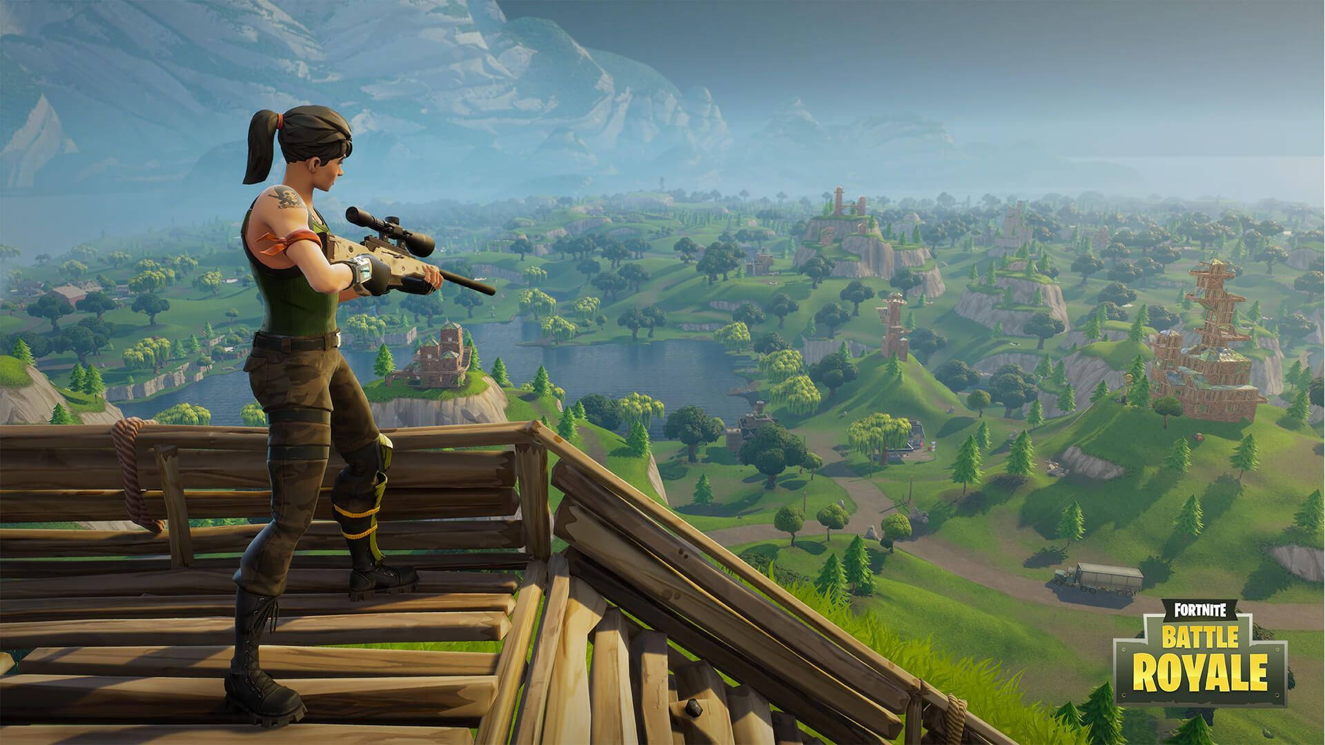 En kvindelig soldat holder en sniper for at lede efter et mål på jorden i spillet Fortnite Battle Royale wallpaper. — Fortnite Wallpapers