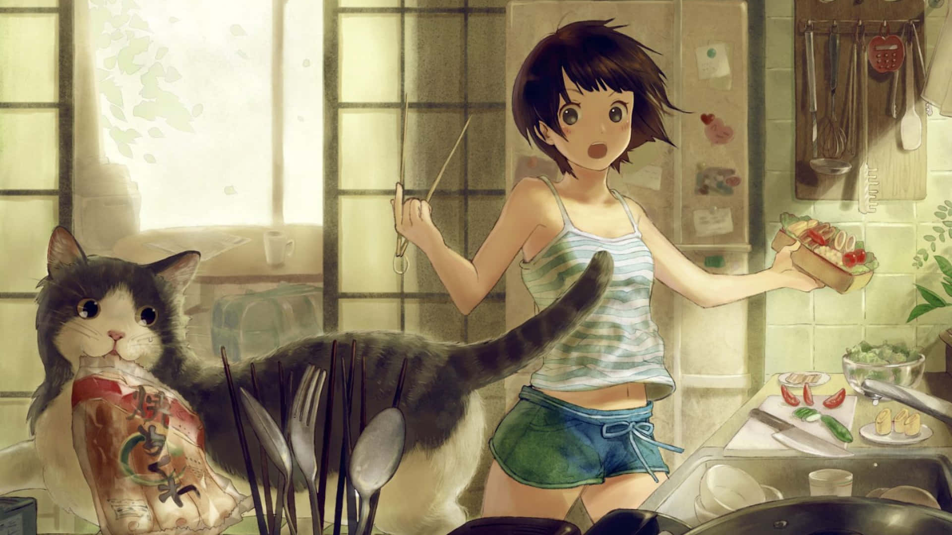 Overrasket animepige 1920x1080 køkkenbaggrund Wallpapers