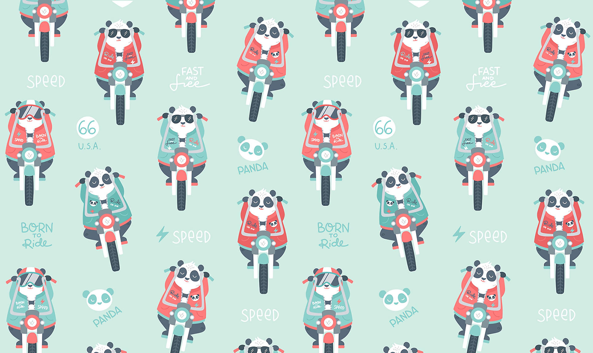 Panda på motorcykel mønster mintgrønt skrivebordstapet. — Panda Wallpapers
