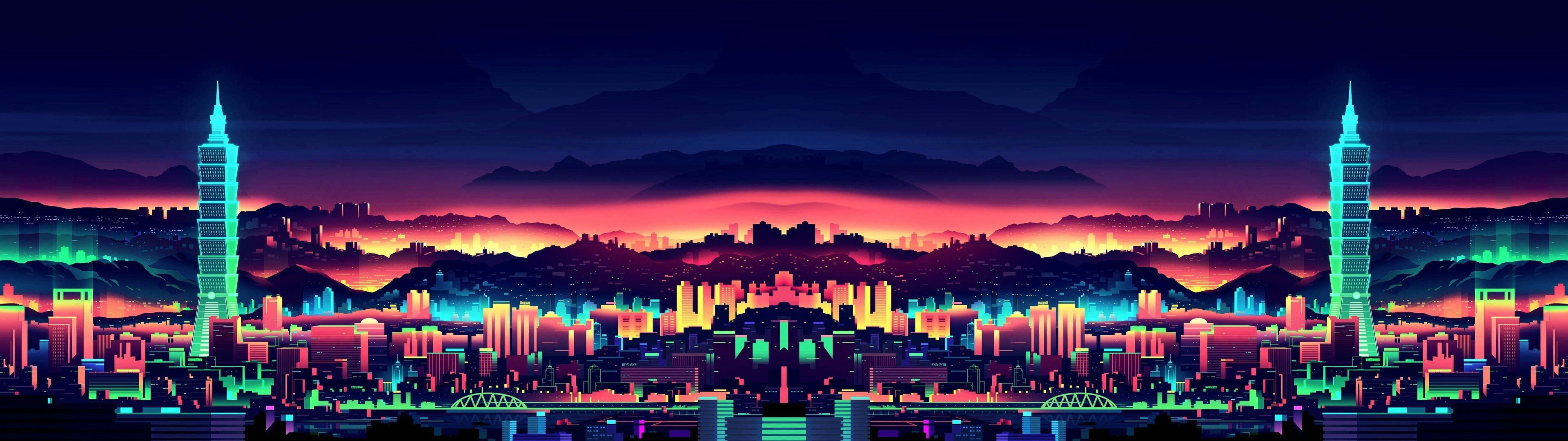 Panorama af levende by på dobbeltskærm Wallpapers