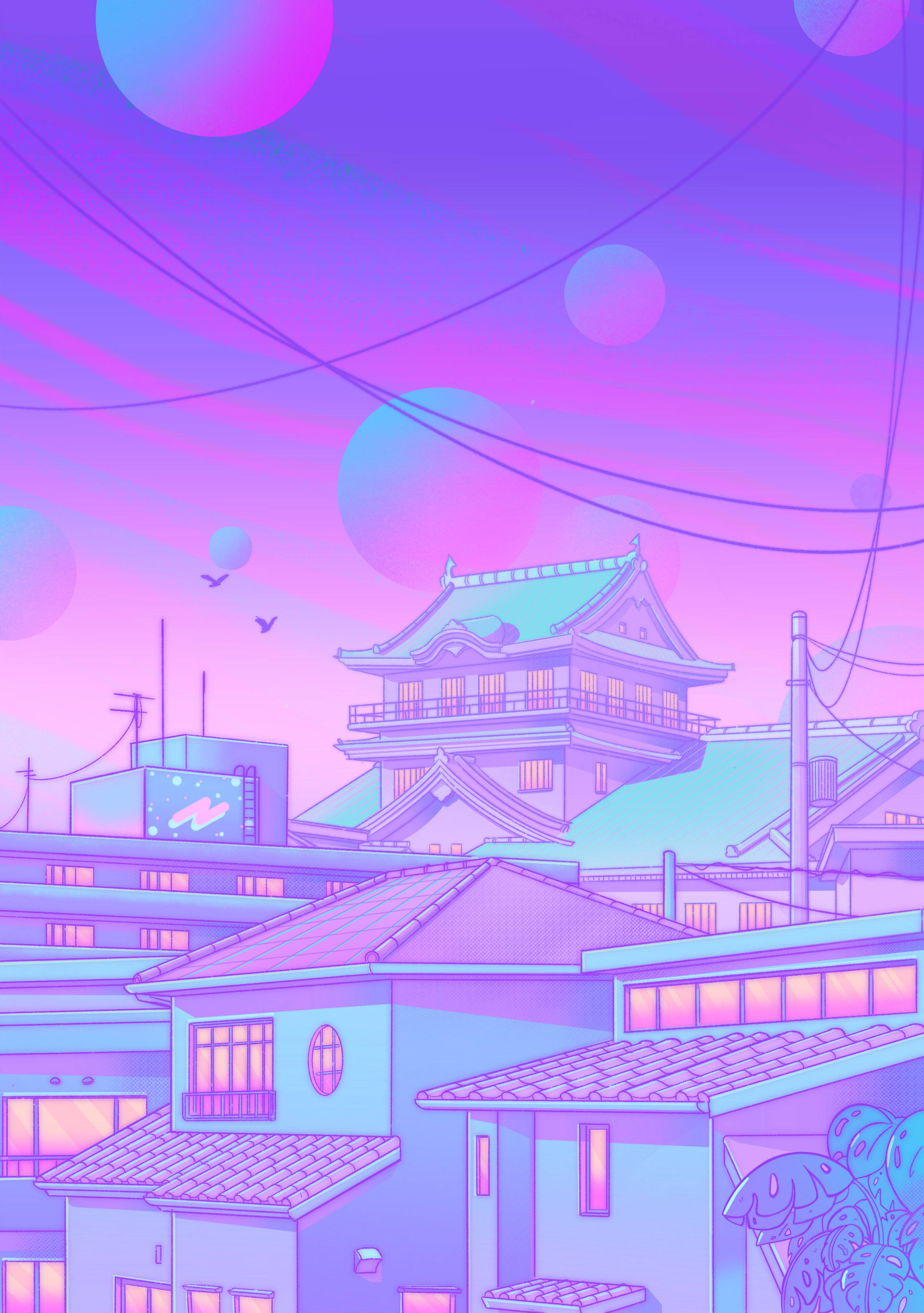 Pastel japansk æstetik med kugler over et kvarter Wallpapers