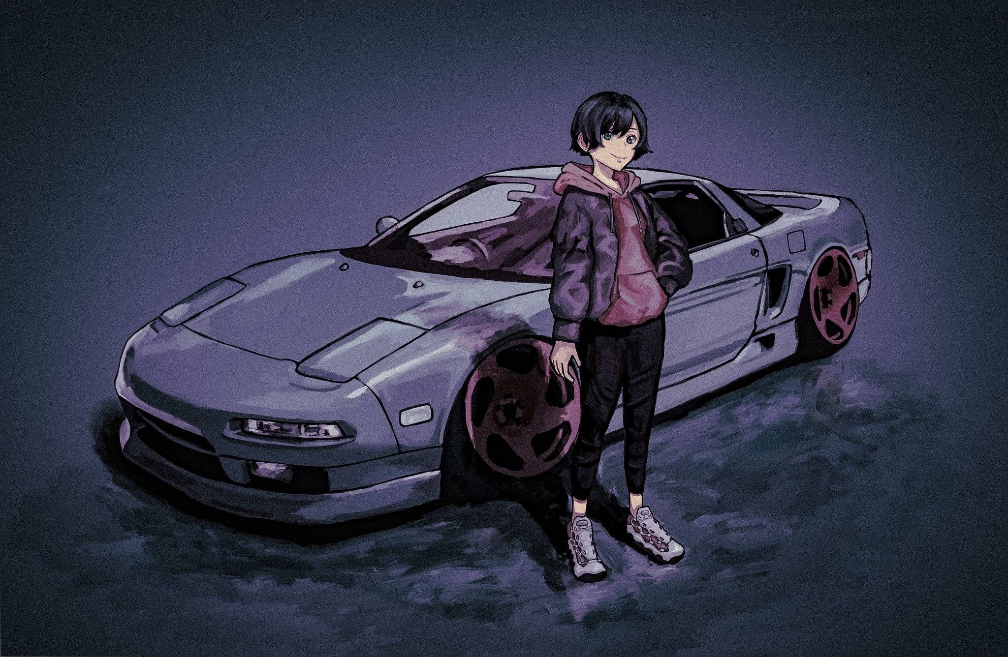 Pige i hættetrøje ved bil anime Wallpapers