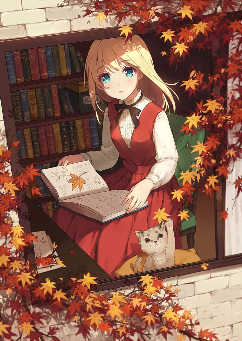 Pige med kat og ahornblade efterårsanime Wallpapers