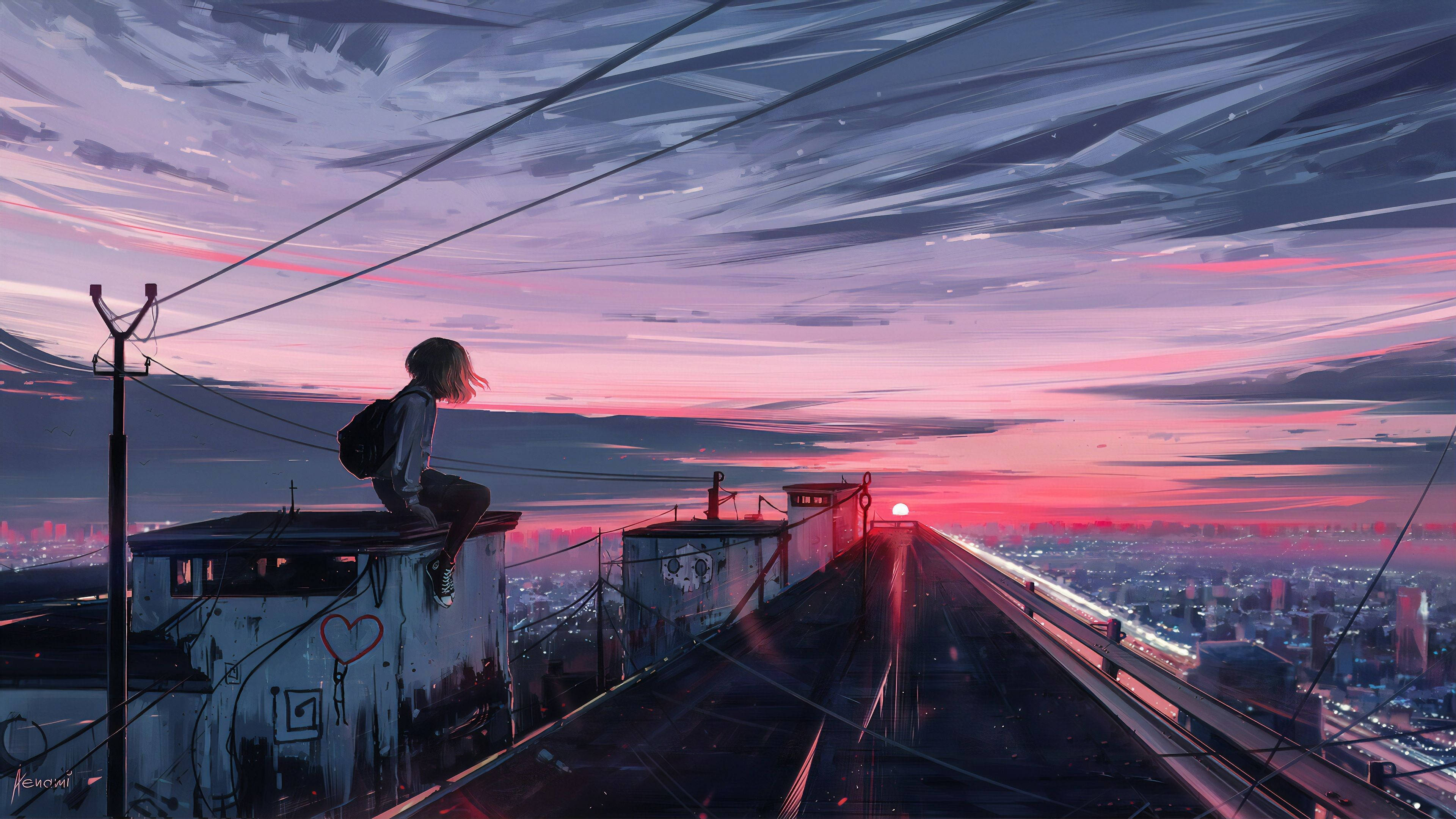 Pige på taget anime æstetisk solnedgang Wallpapers