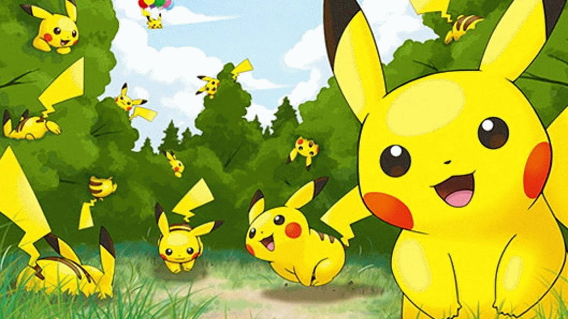 Baggrundsbillede af Pikachu-kloner, der leger rundt om buskene. — Pikachu Wallpapers