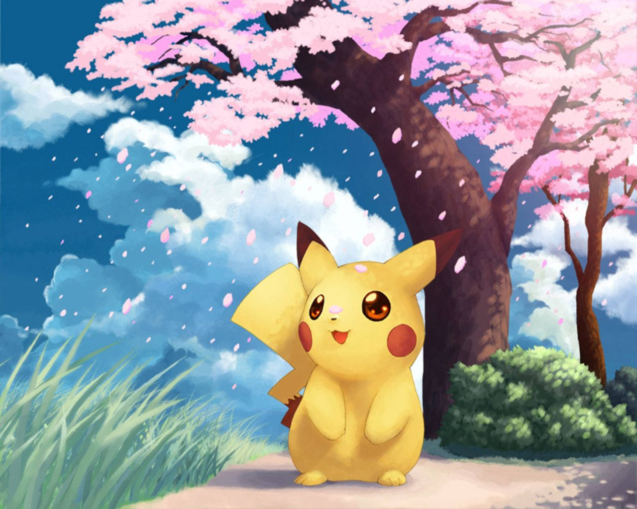 Baggrundsbillede af Pikachu i et fanart midt i faldende kirsebærblomsterblade. — Pikachu Wallpapers