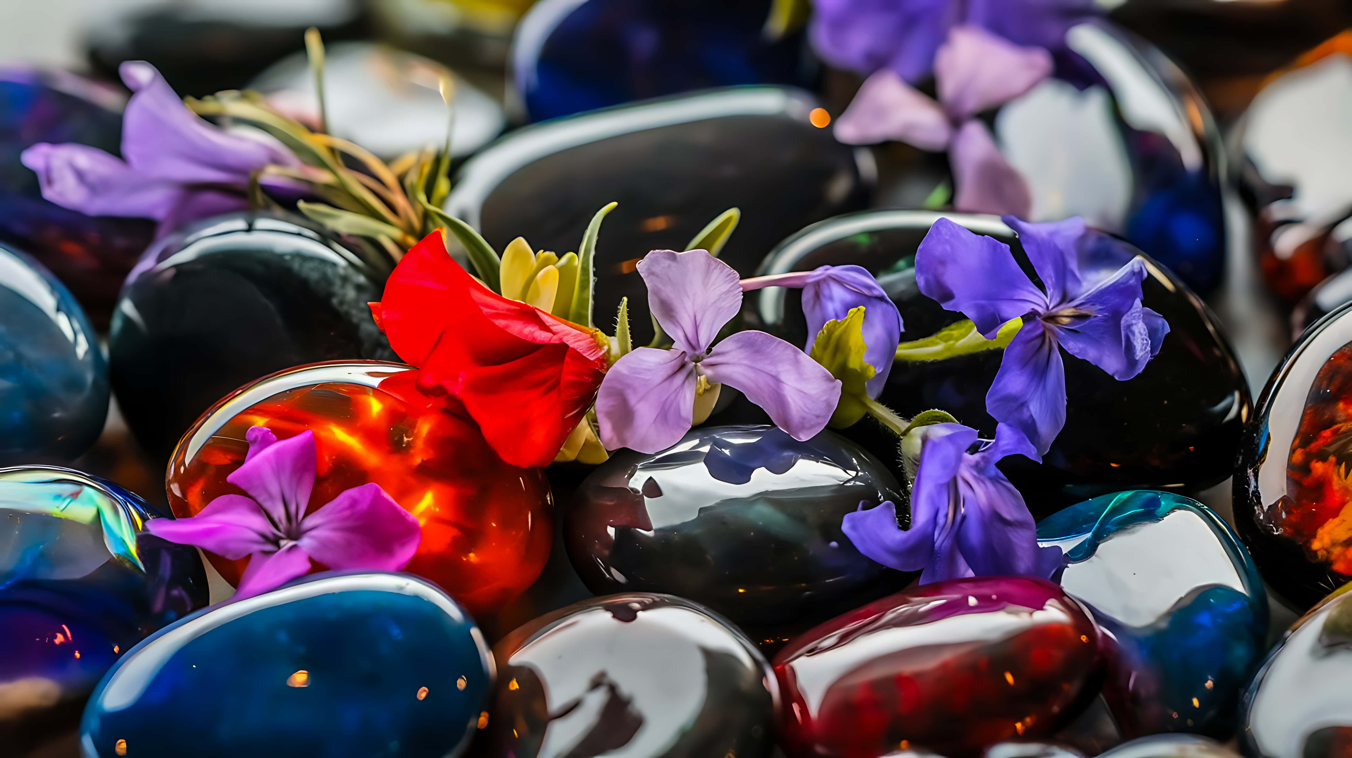 Polerede sten med blomster på overfladen tæt på Wallpapers