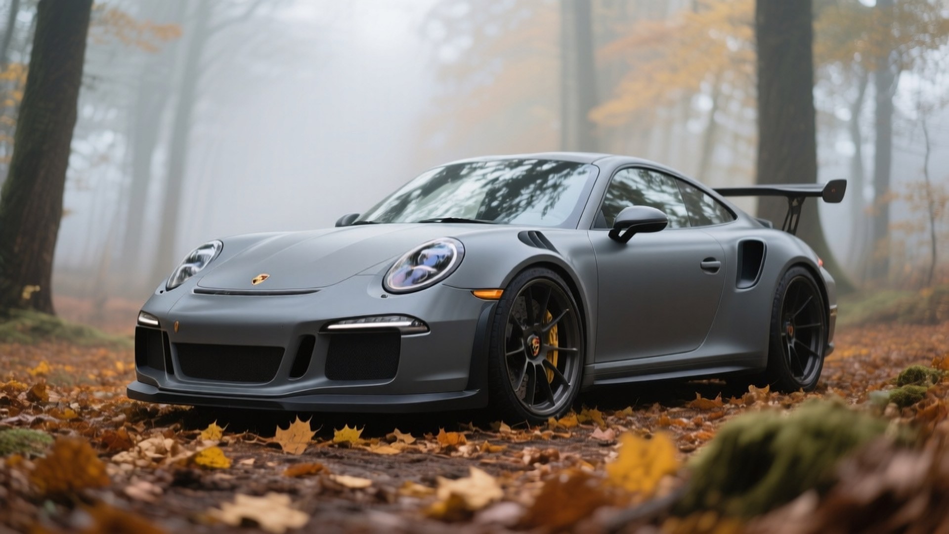Matgrå Porsche 911 GT3 RS i efterårsskov