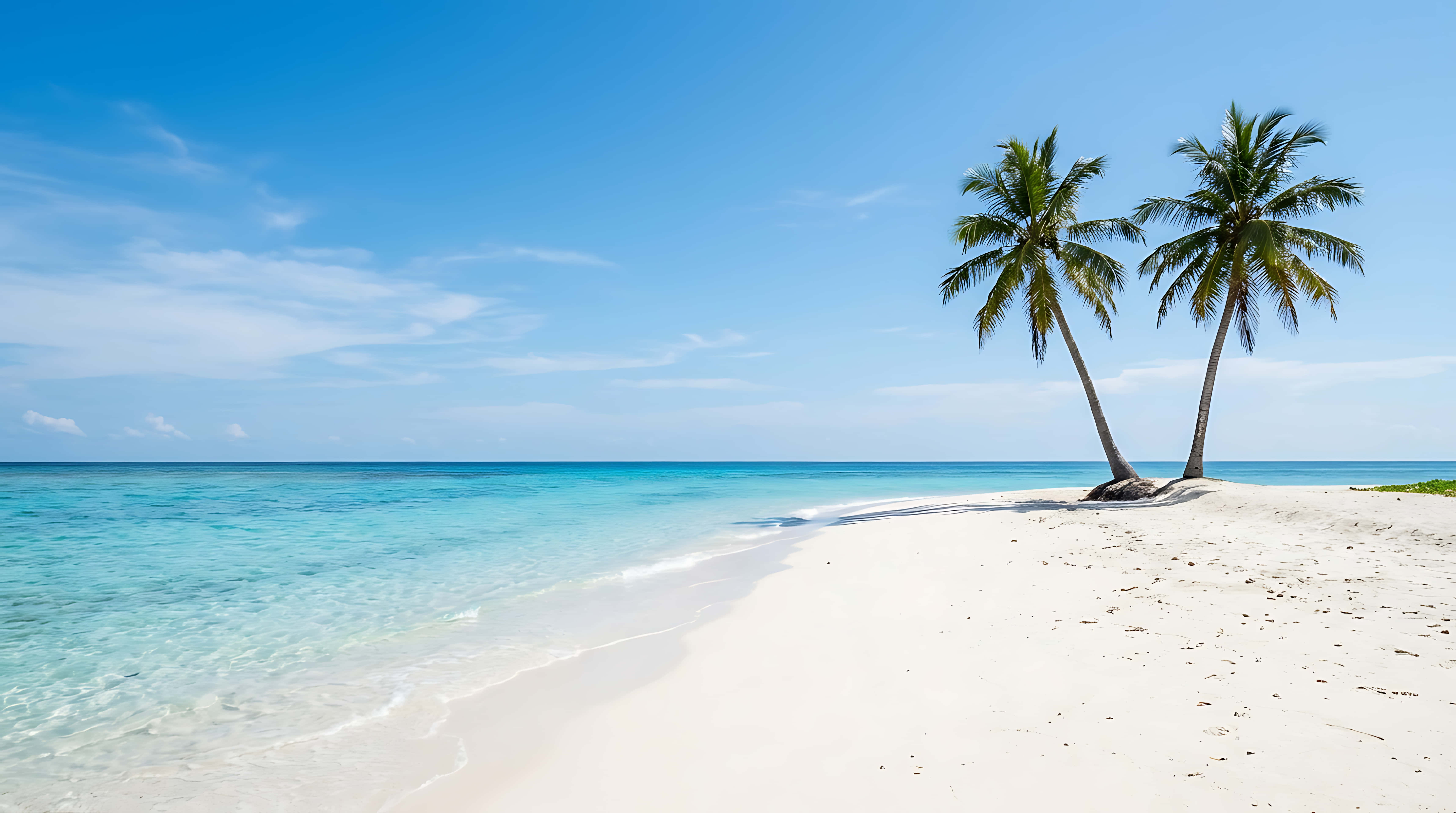 Pristin tropisk strand med hvidt sand og to palmetræer, krystalklart turkis hav under blå himmel Wallpapers