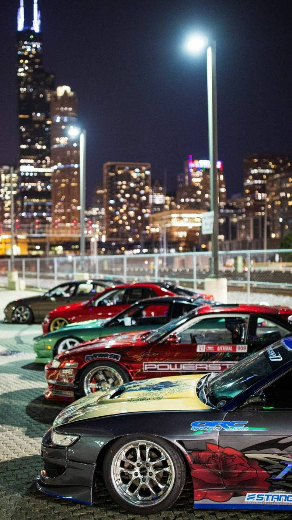 Række af JDM-biler om natten Wallpapers